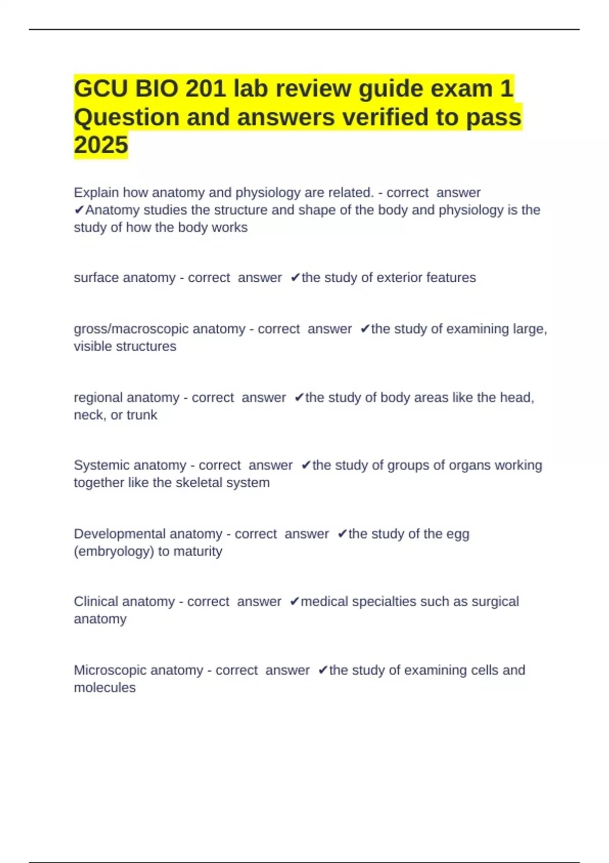 GCU BIO 201 lab review guide exam 1 Question and answers verified to ...