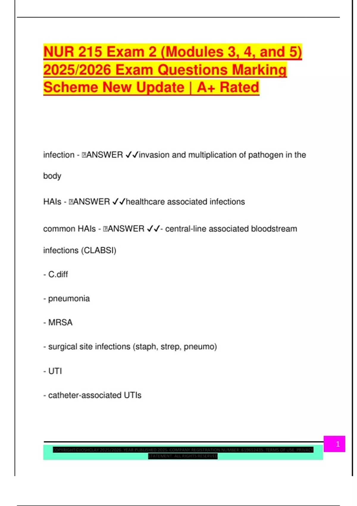 NUR 215 Exam 2 (Modules 3, 4, and 5) 2025/2026 Exam Questions Marking ...