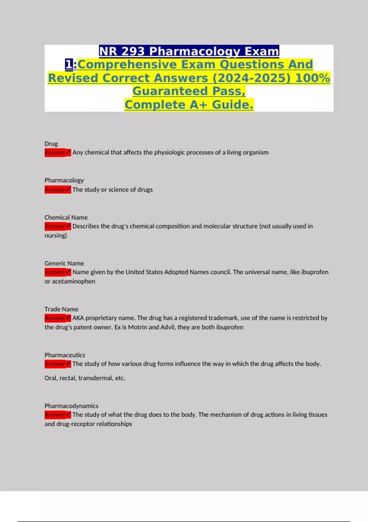 NR 293 Pharmacology Exam 1:Comprehensive Exam Questions And Revised ...