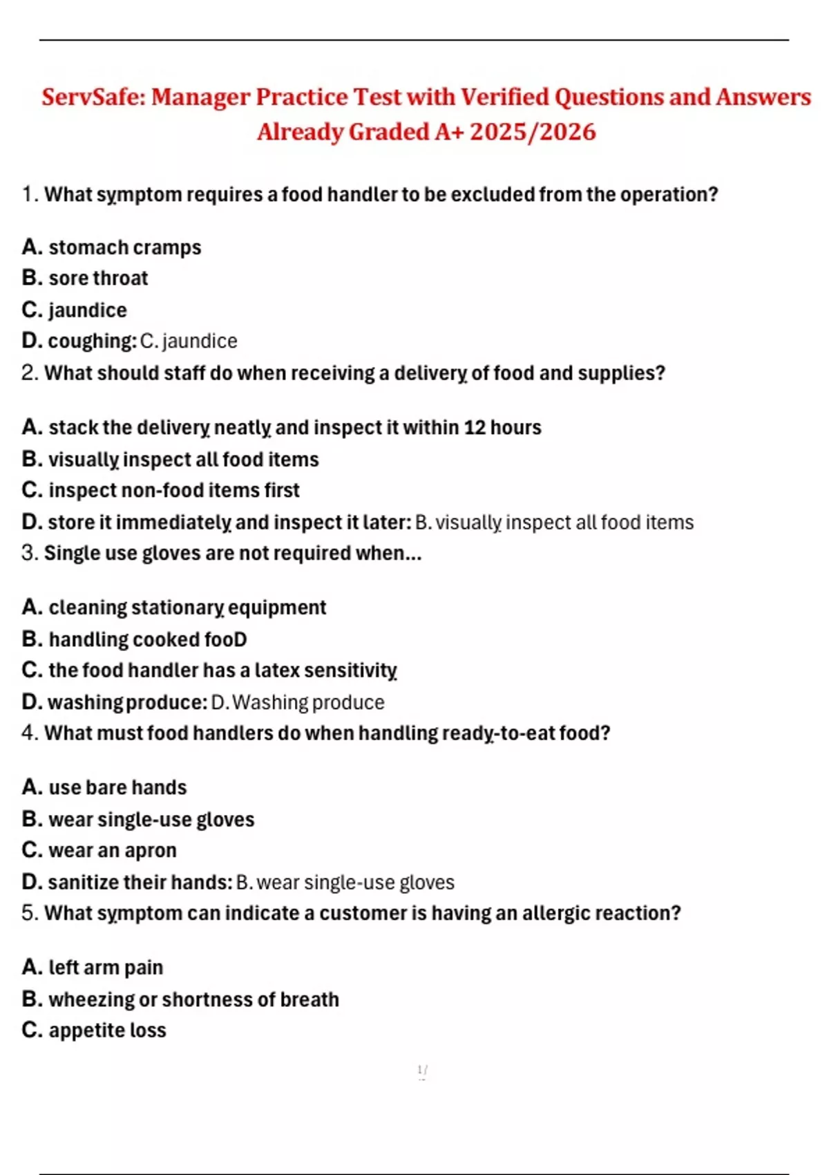 ServSafe Manager Practice Test with Verified Questions and A+ Answers ...