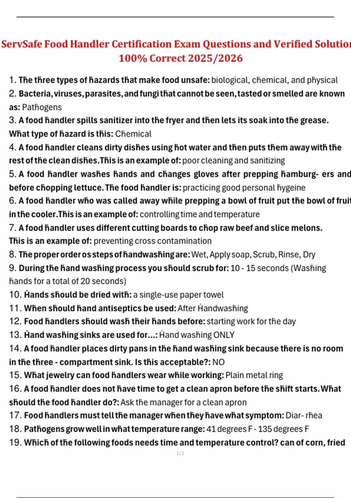ServSafe Food Handler Certification – Exam Questions and Verified ...