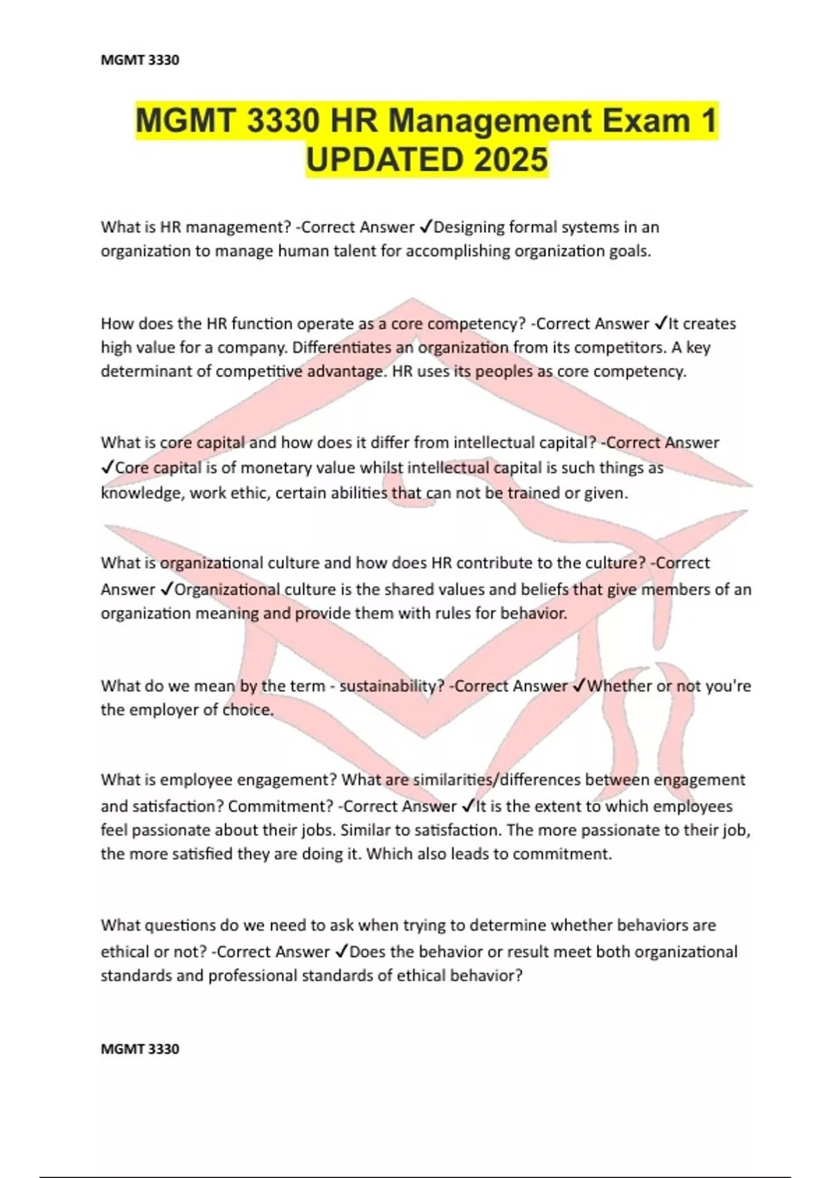 Mgmt 3330 Hr Management Exam 1 Updated 2025 Mgmt 3330 Stuvia Us