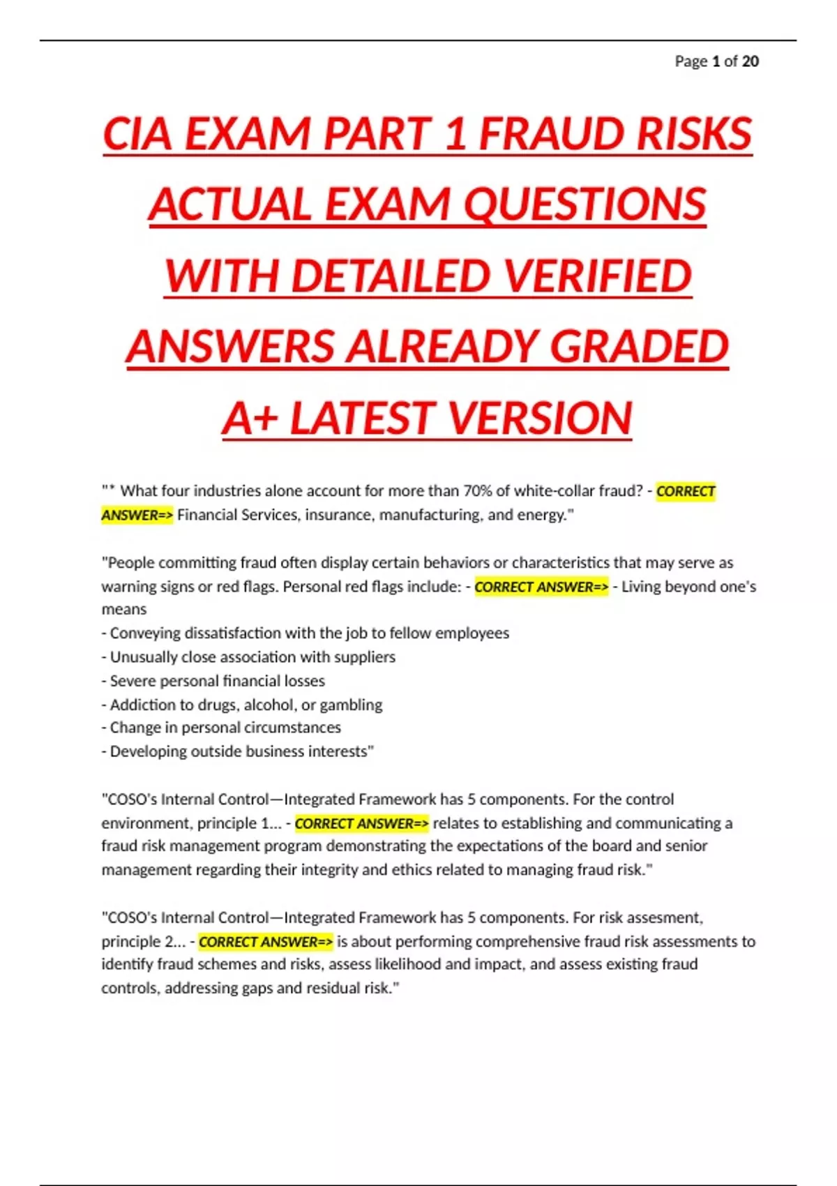 CIA EXAM PART 1 FRAUD RISKS ACTUAL EXAM QUESTIONS WITH DETAILED ...