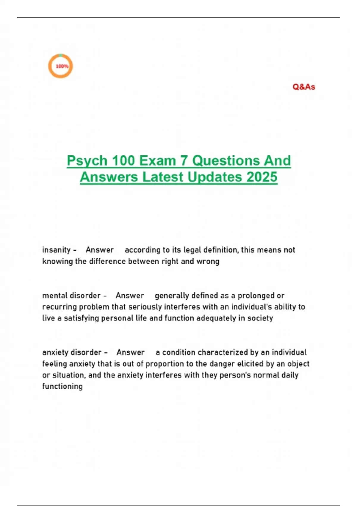 Psych 100 Exam 7 Questions And Answers Latest Updates 2025 - PSYCH 100 ...