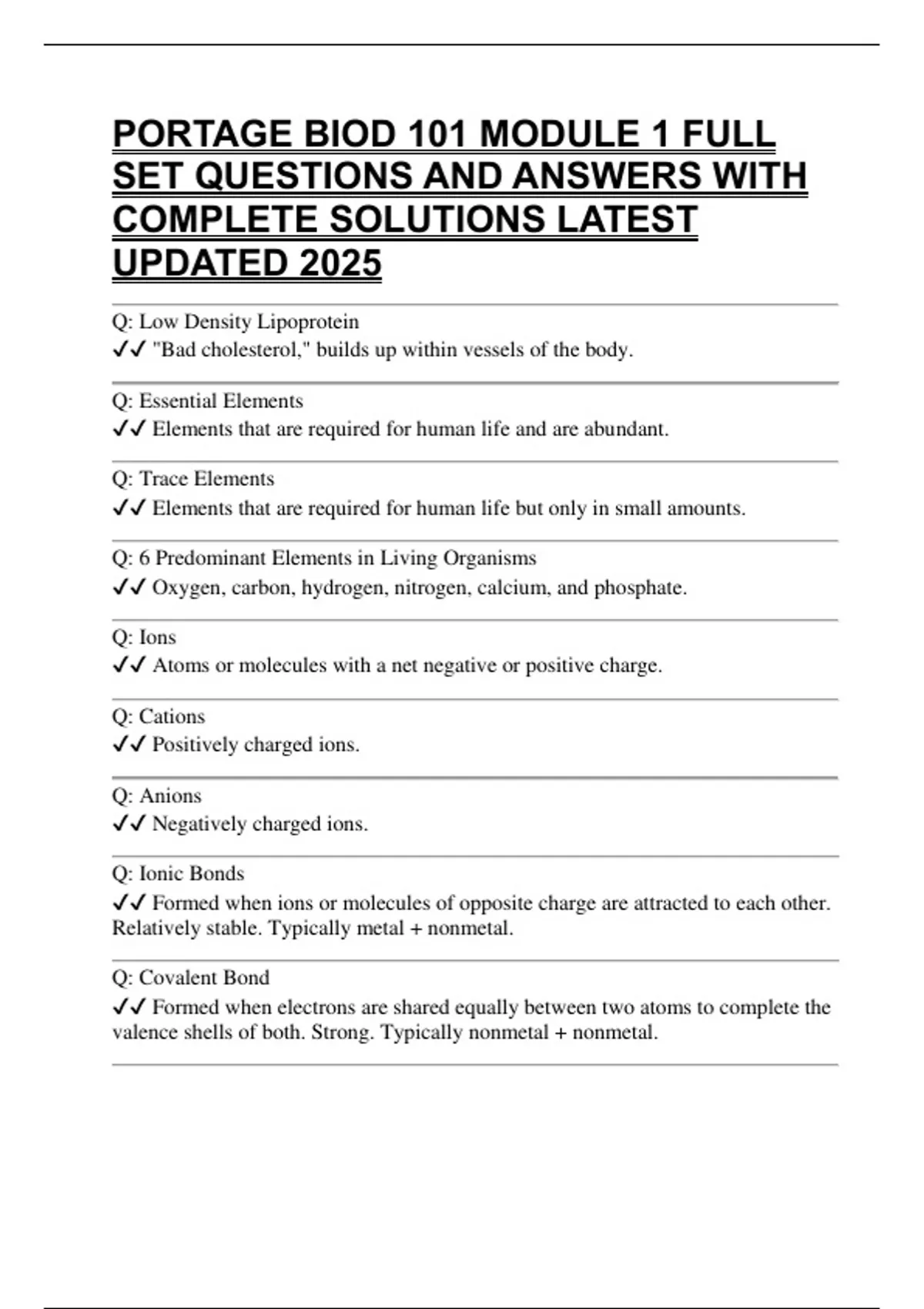 PORTAGE BIOD 101 MODULE 1 FULL SET QUESTIONS AND ANSWERS WITH COMPLETE ...