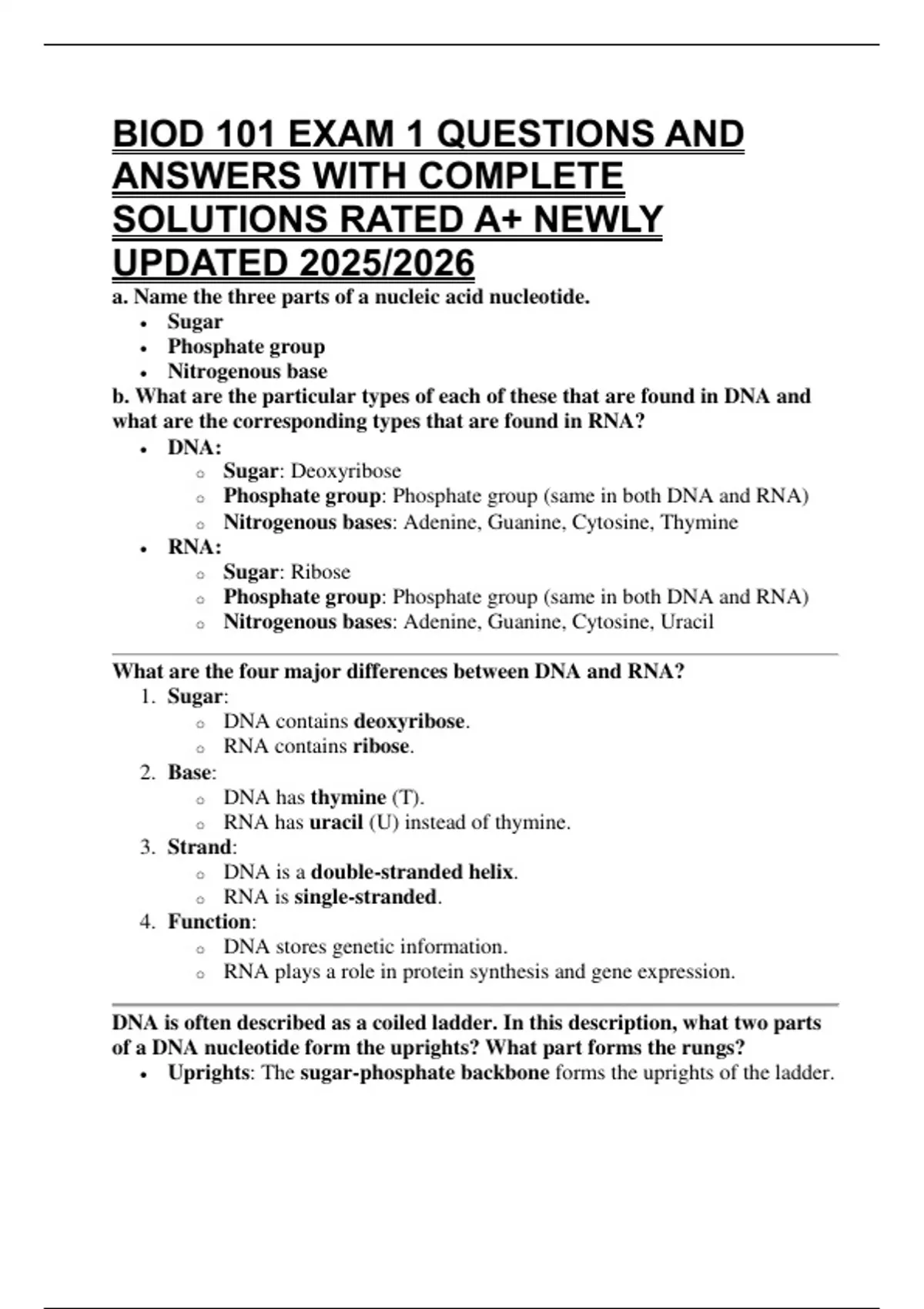 BIOD 101 EXAM 1 QUESTIONS AND ANSWERS WITH COMPLETE SOLUTIONS RATED A+ ...