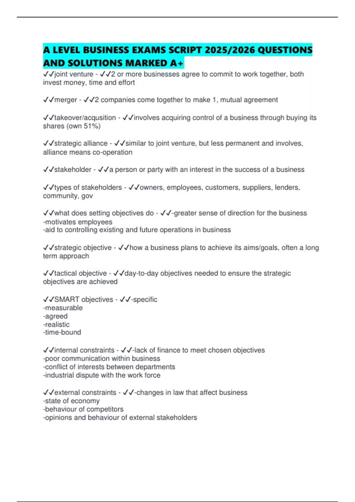 A LEVEL BUSINESS EXAMS SCRIPT 2025/2026 QUESTIONS AND SOLUTIONS MARKED ...