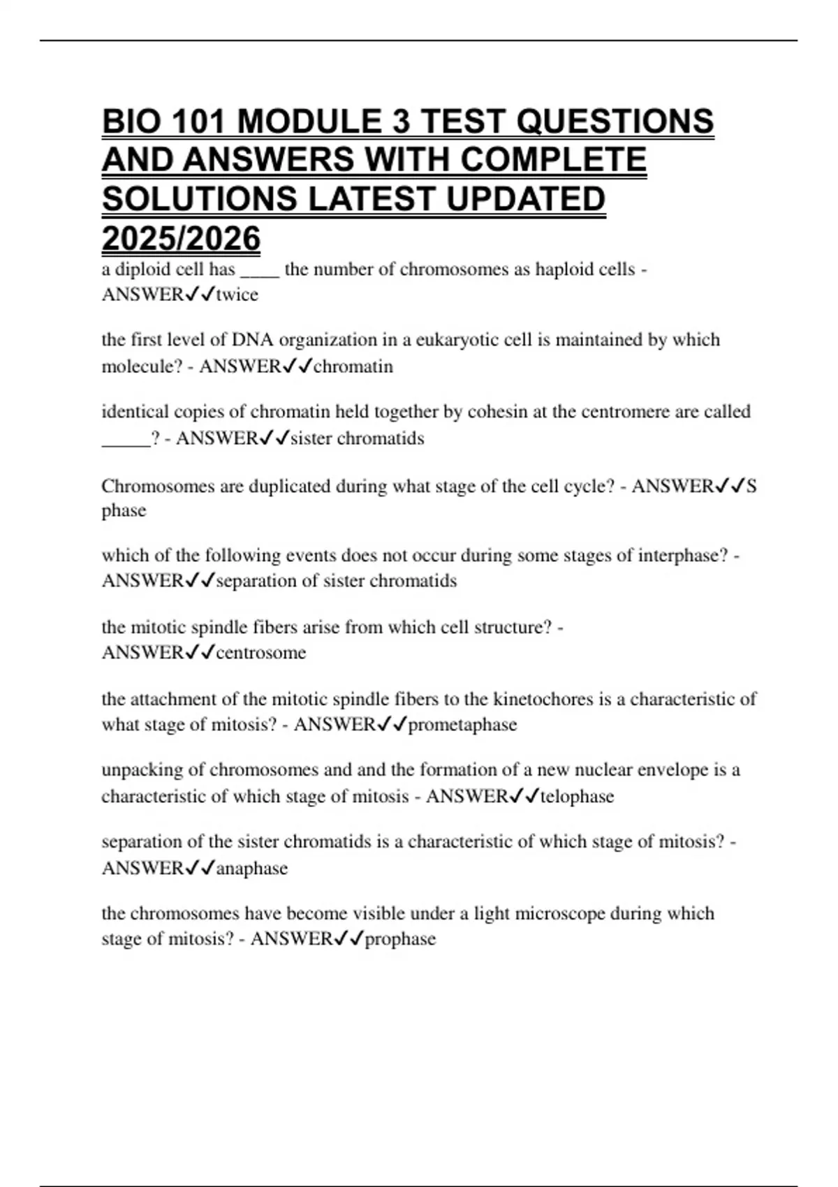 Bio Module Hi3 BIO 101 MODULE 3 TEST QUESTIONS AND ANSWERS WITH COMPLETE SOLUTIONS ...