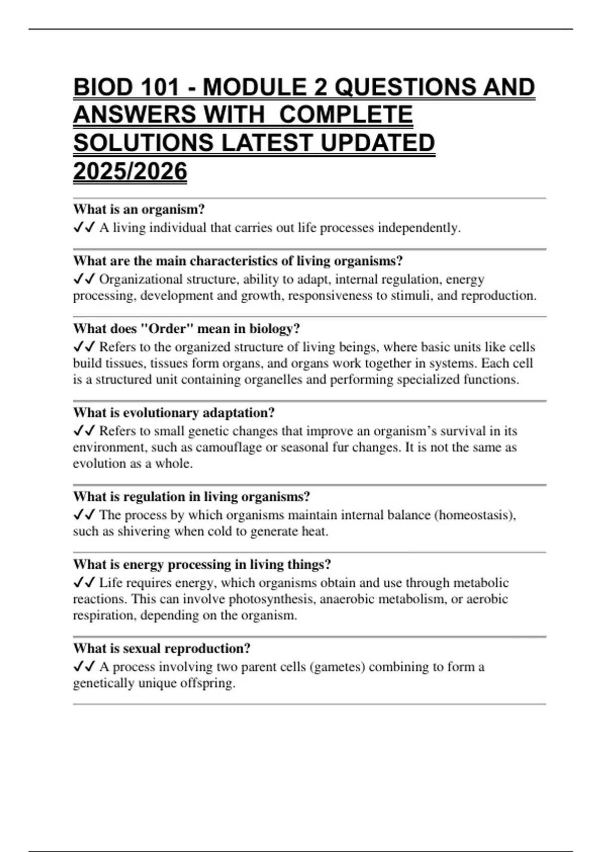 BIOD 101 - MODULE 2 QUESTIONS AND ANSWERS WITH COMPLETE SOLUTIONS ...