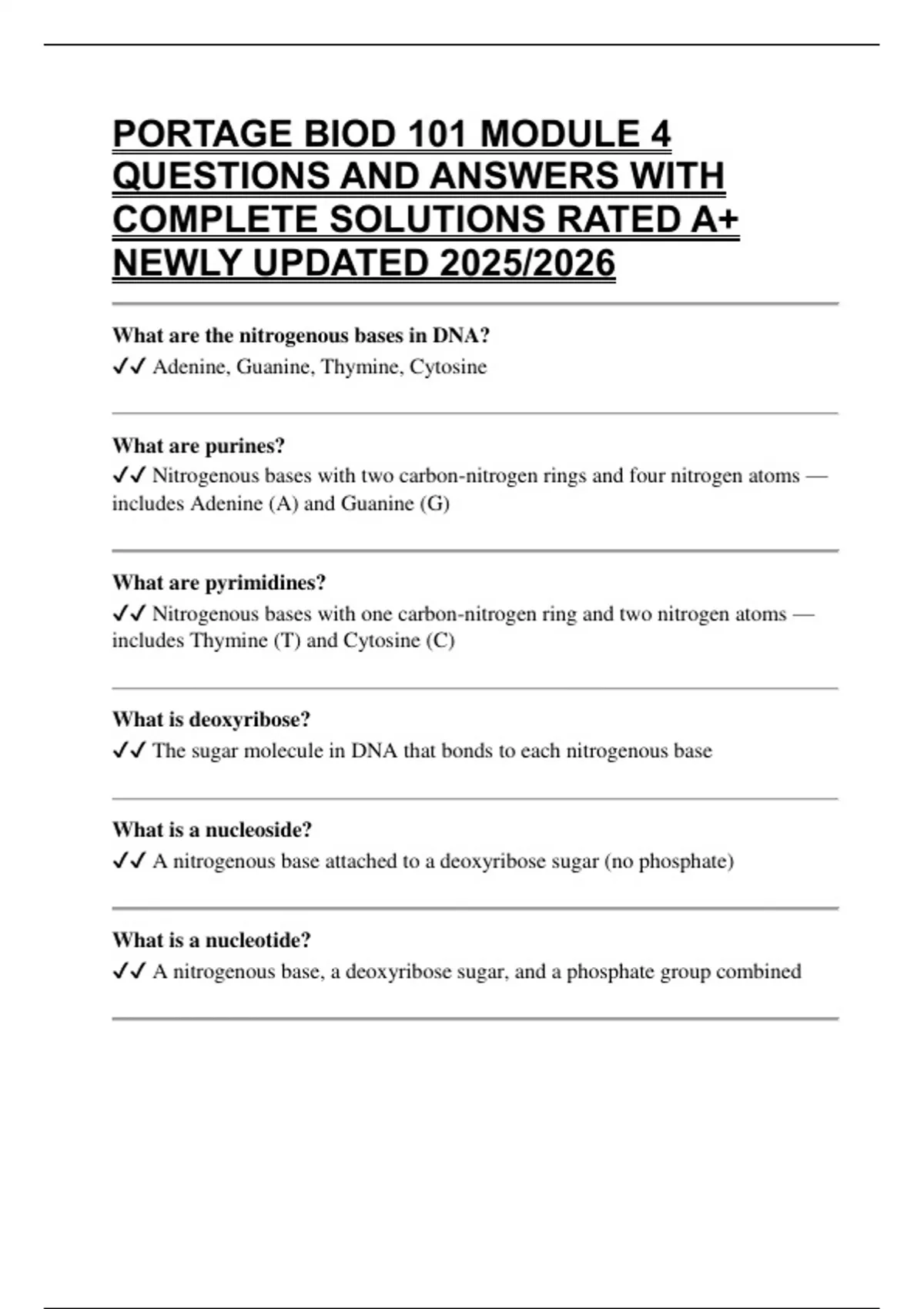 PORTAGE BIOD 101 MODULE 4 QUESTIONS AND ANSWERS WITH COMPLETE SOLUTIONS ...