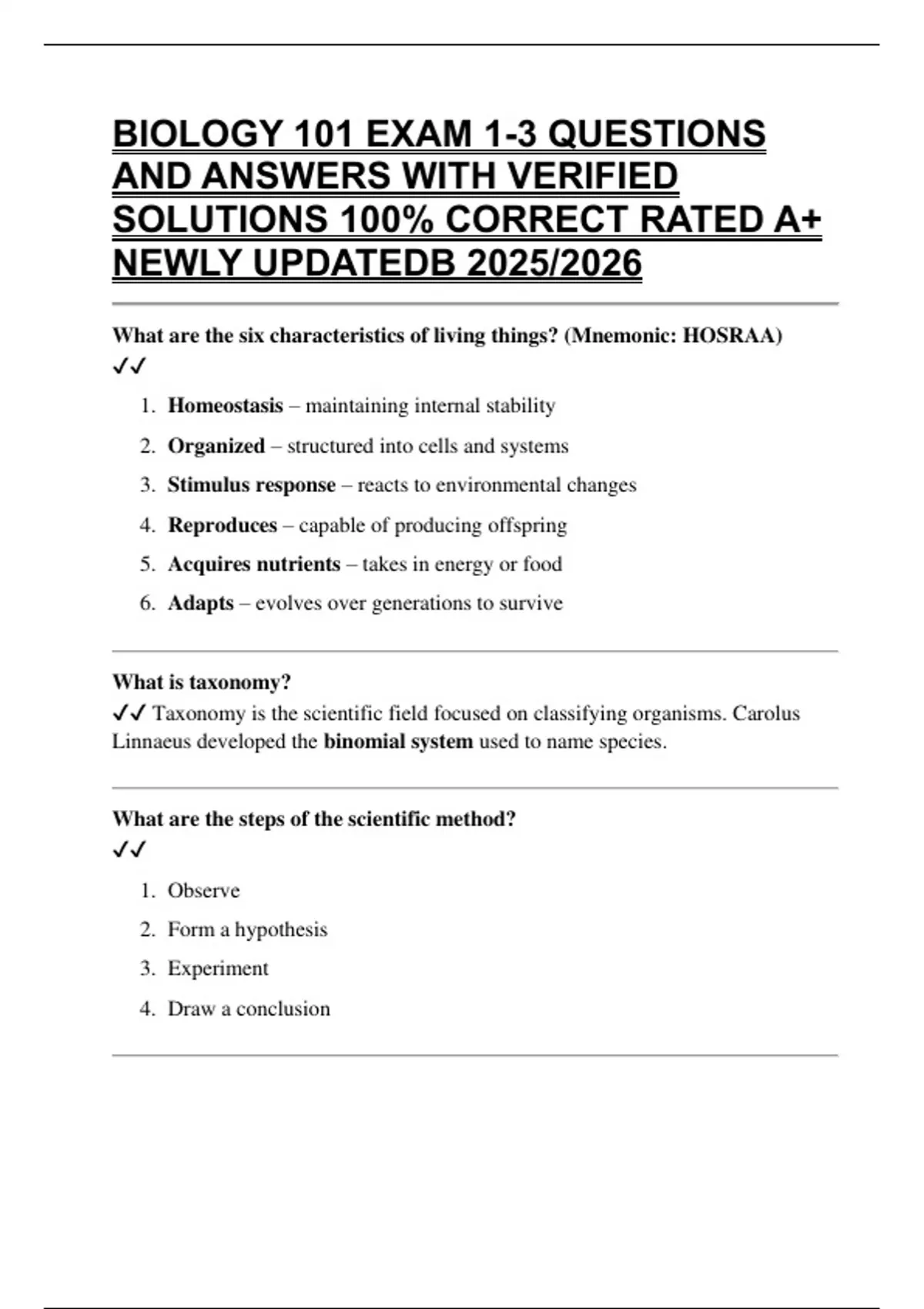 BIOLOGY 101 EXAM 1-3 QUESTIONS AND ANSWERS WITH VERIFIED SOLUTIONS 100% ...