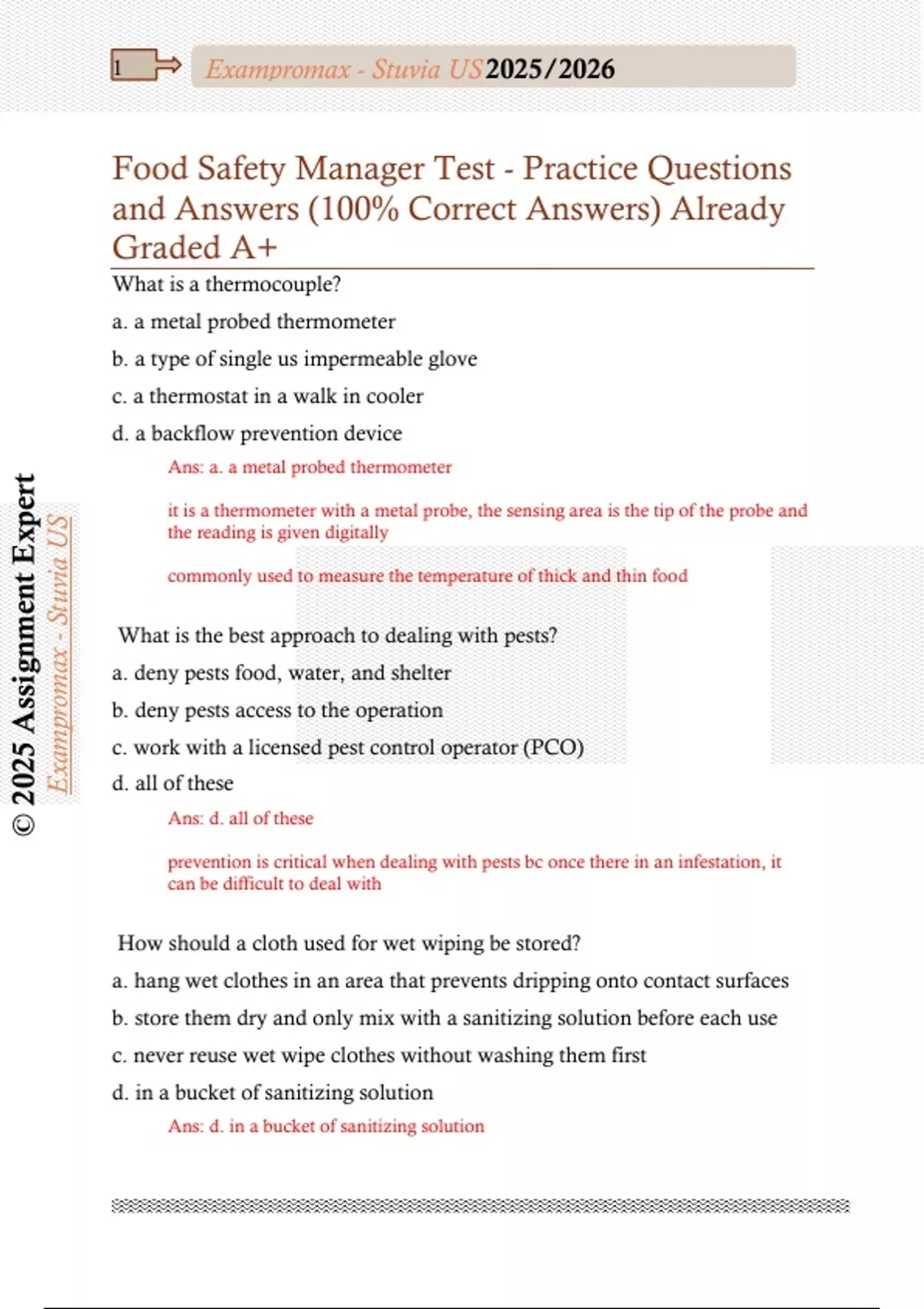 Food Safety Manager Test - Practice Questions and Answers (100% Correct ...