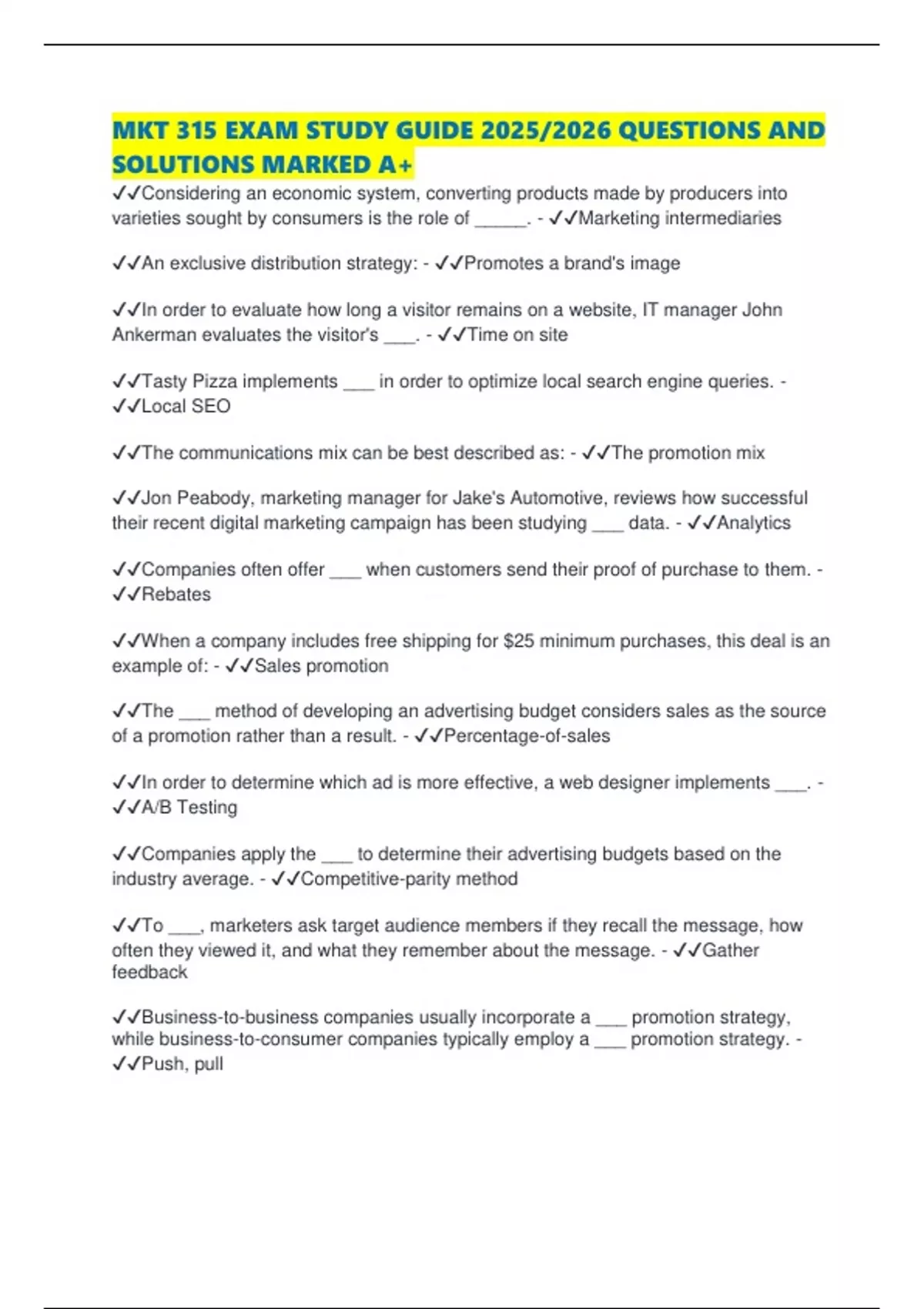 MKT 315 EXAM STUDY GUIDE 2025/2026 QUESTIONS AND SOLUTIONS MARKED A+ ...