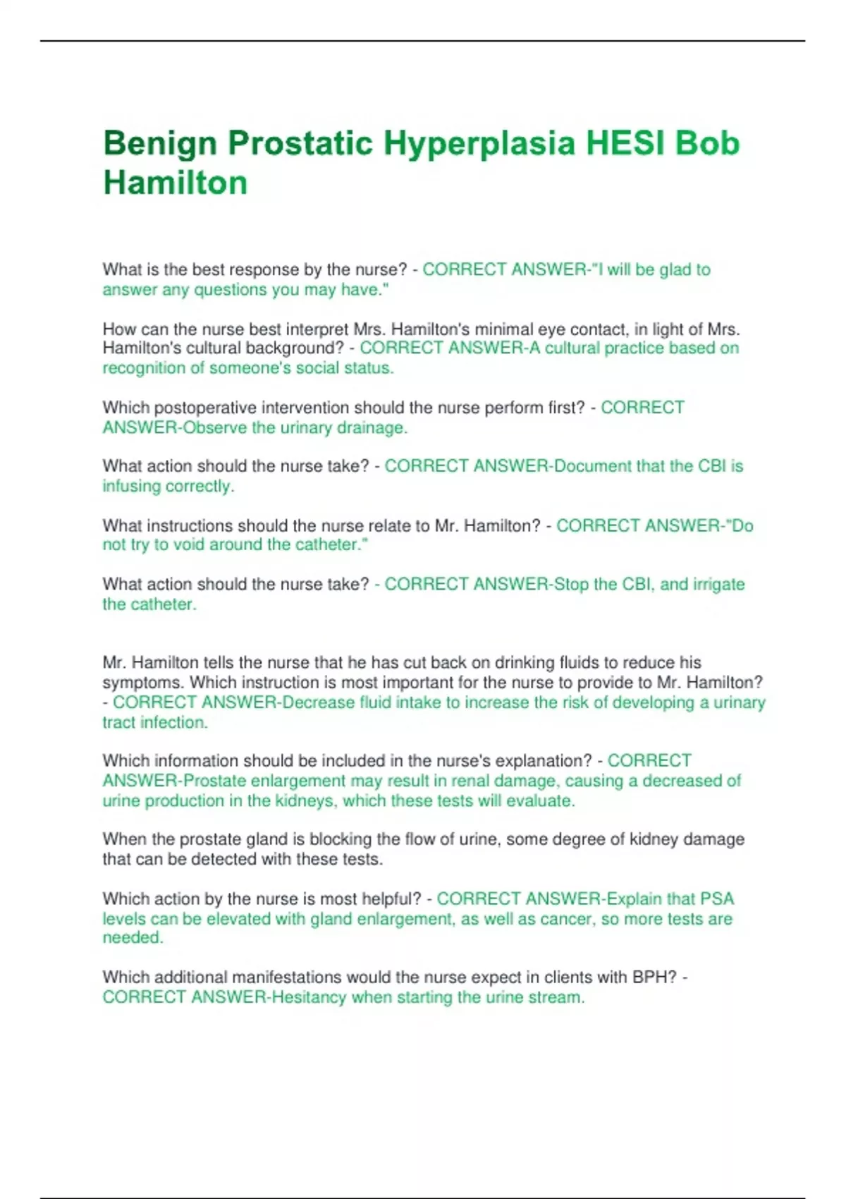 Benign Prostatic Hyperplasia HESI Bob Hamilton Questions + Answers