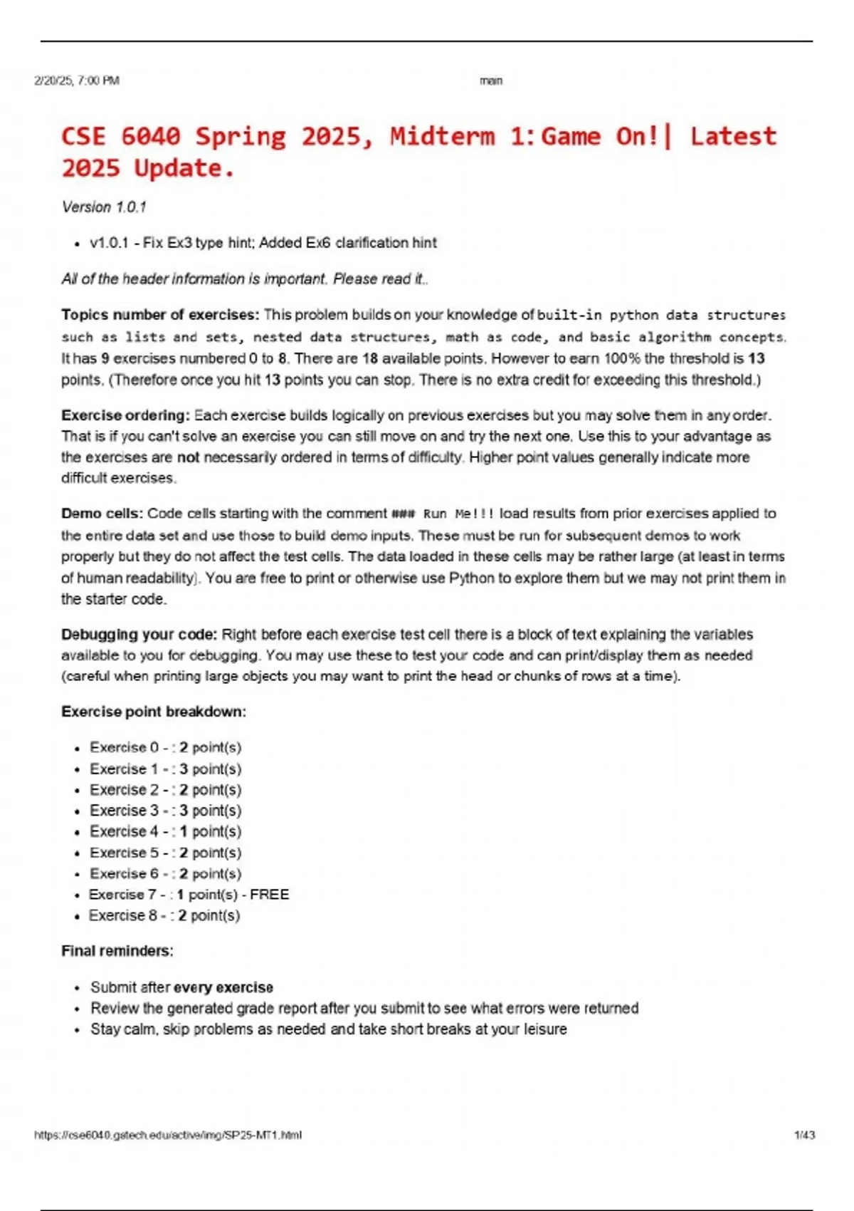 CSE 6040 Spring 2025, Midterm 1: Game On!| Latest 2025 Update with ...