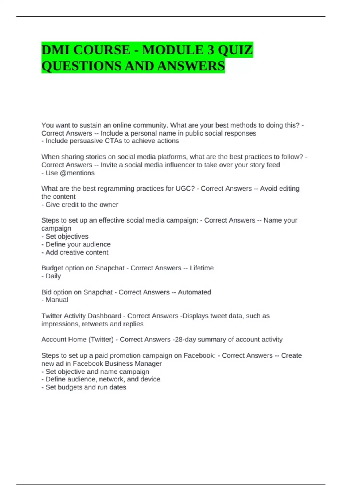 DMI COURSE - MODULE 3 QUIZ QUESTIONS AND ANSWERS - DMI - Stuvia US