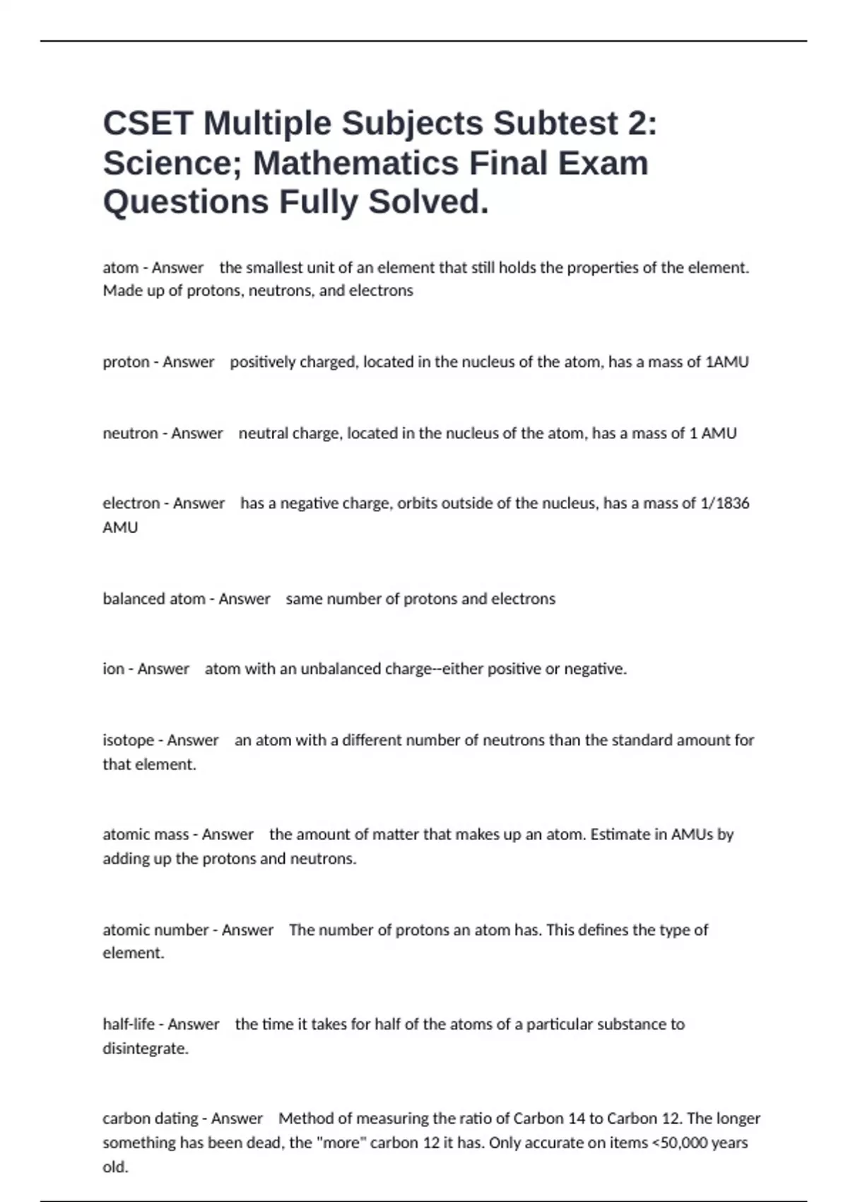 CSET Multiple Subjects Subtest 2: Science; Mathematics Final Exam ...