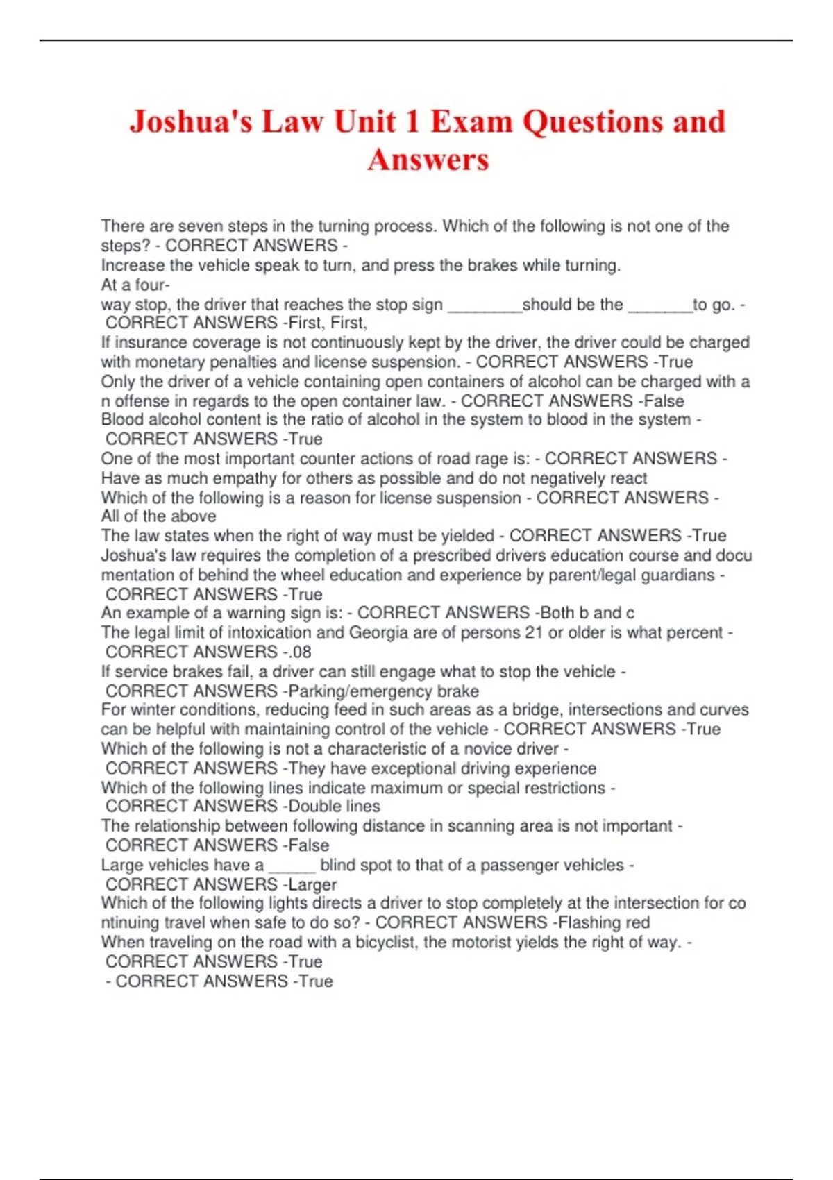 Joshuas Law Unit 1 Exam Questions and Answers Joshua Law Stuvia US