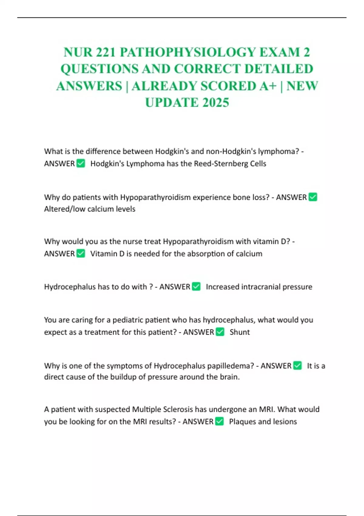 NUR 221 PATHOPHYSIOLOGY EXAM 2 QUESTIONS AND CORRECT DETAILED ANSWERS ...