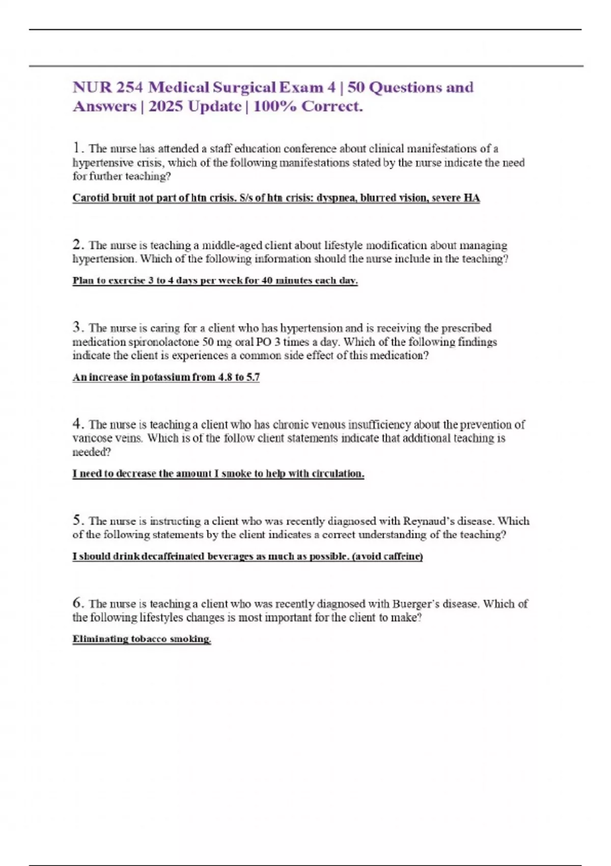 NUR 254 Medical Surgical Exam 4 | 50 Questions and Answers | 2025 ...