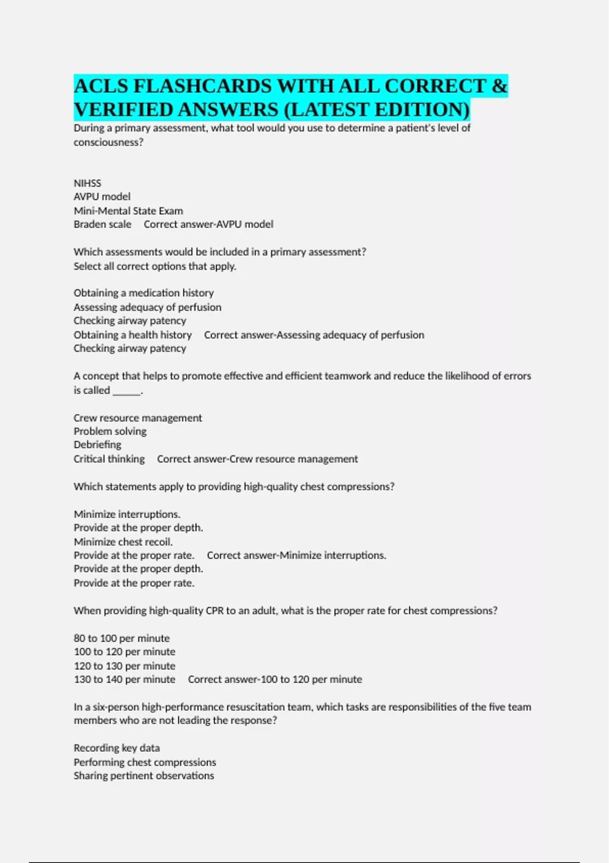 ACLS FLASHCARDS WITH ALL CORRECT & VERIFIED ANSWERS (LATEST EDITION ...