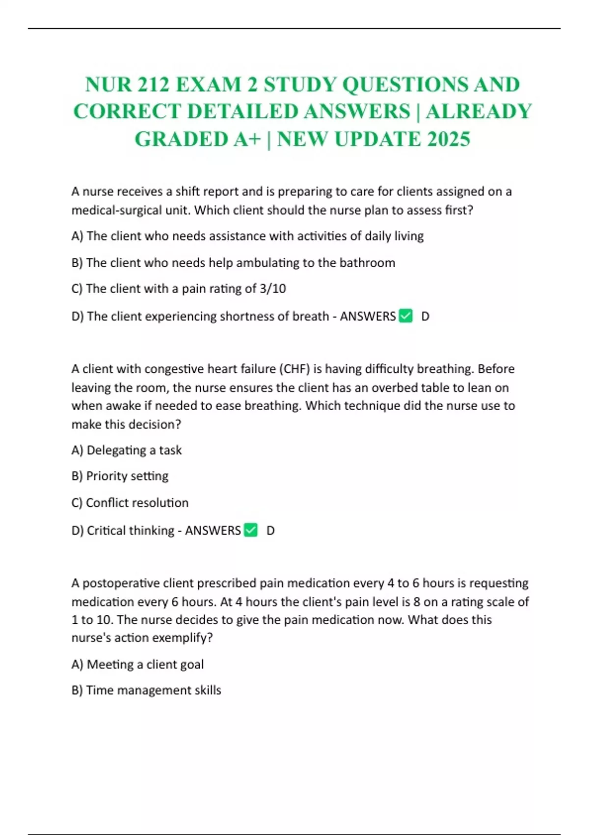 NUR 212 EXAM 2 STUDY QUESTIONS AND CORRECT DETAILED ANSWERS | ALREADY ...