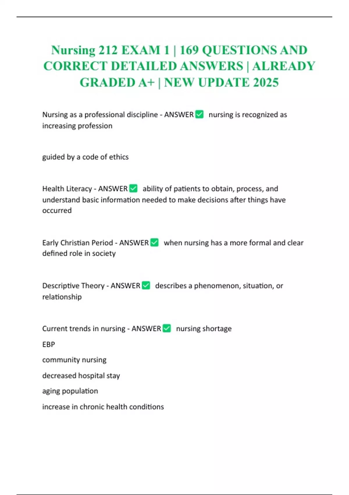 Nursing 212 EXAM 1 | 169 QUESTIONS AND CORRECT DETAILED ANSWERS ...