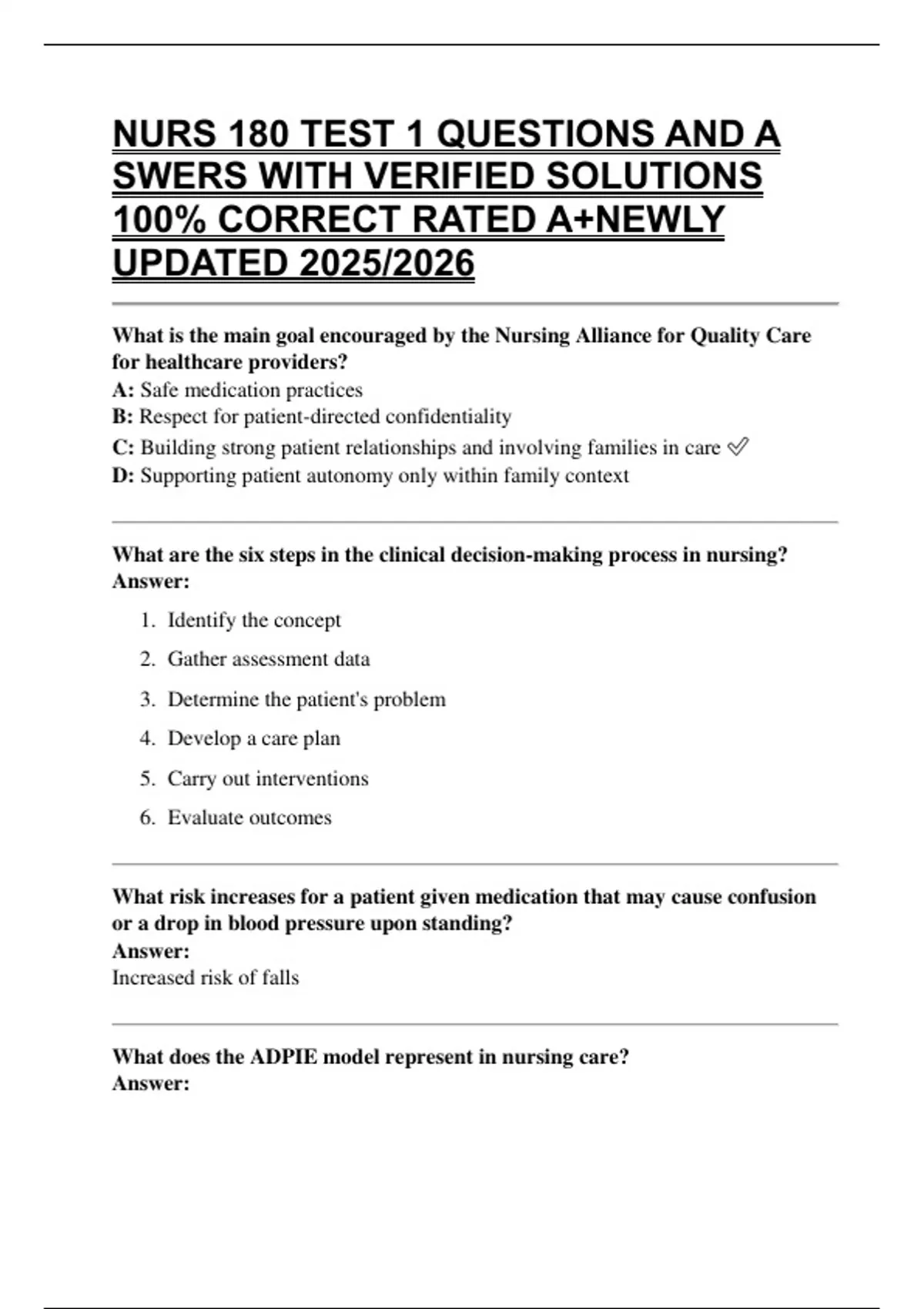 NURS 180 TEST 1 QUESTIONS AND A SWERS WITH VERIFIED SOLUTIONS 100% ...