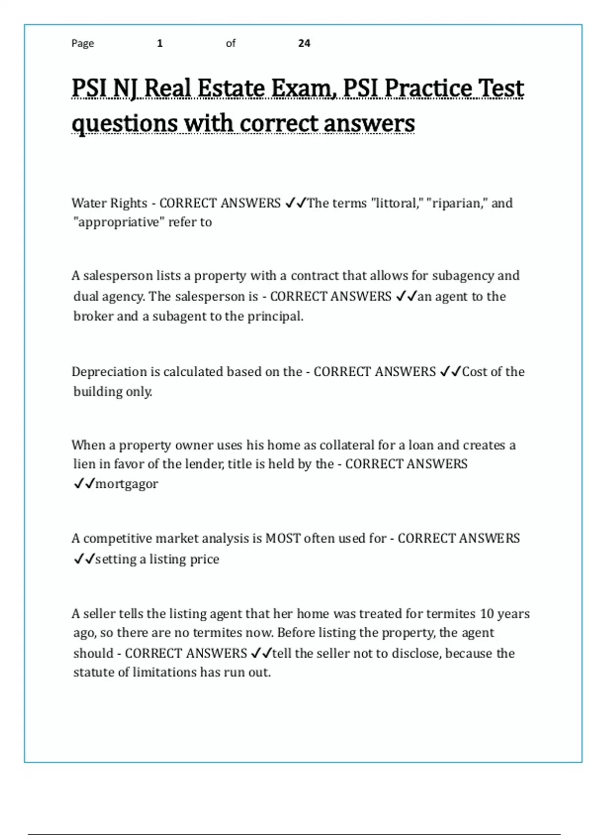 Psi Test Example PSI NJ Real Estate Exam, PSI Practice Test questions with correct ...