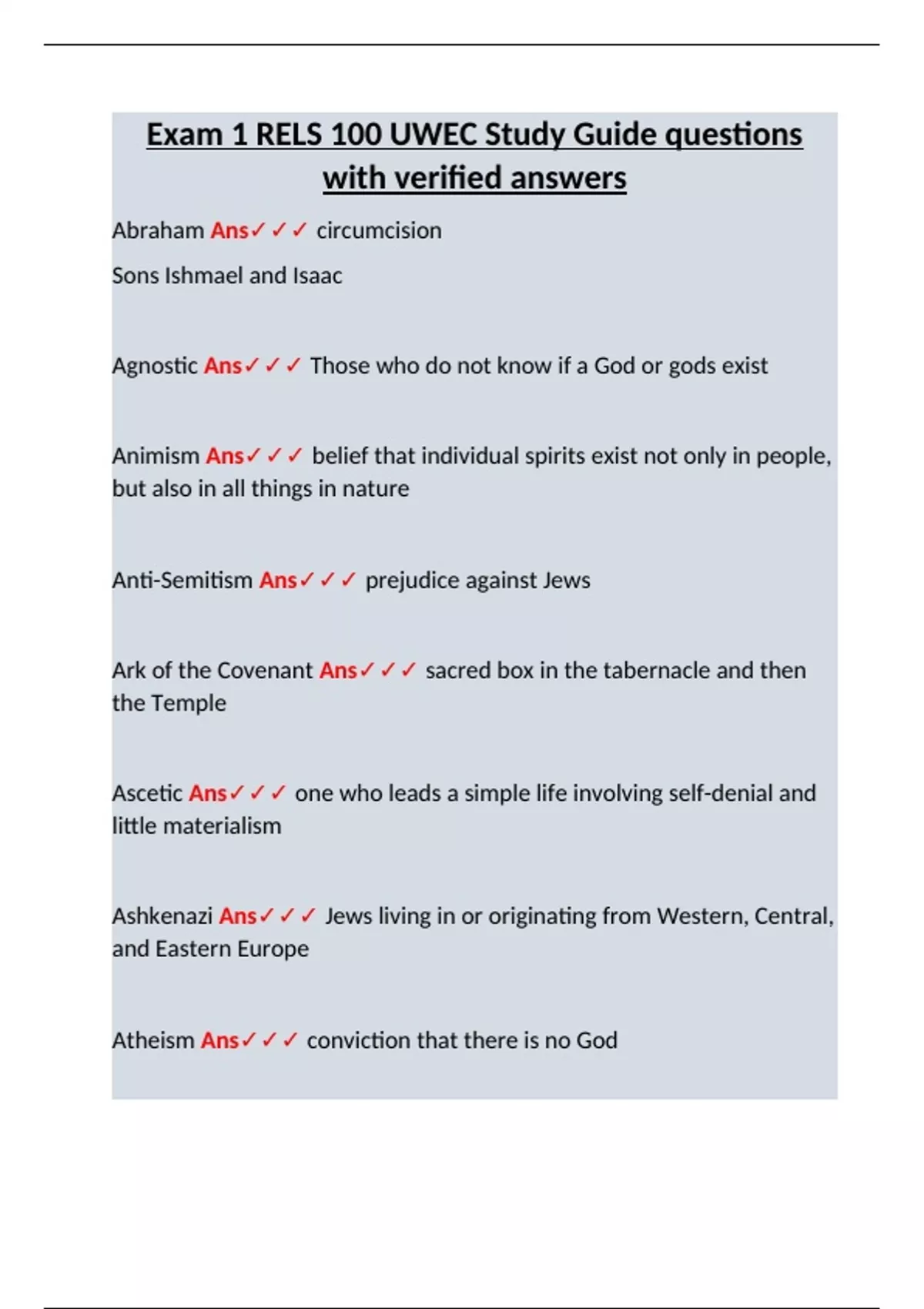 Exam 1 RELS 100 UWEC Study Guide questions with verified answers ...