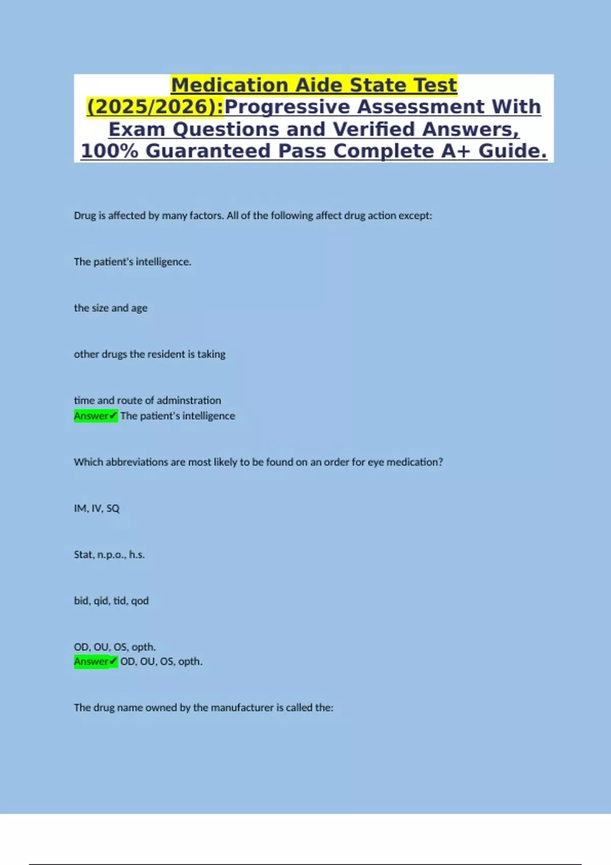 Medication Aide State Test (2025/2026):Progressive Assessment With Exam ...