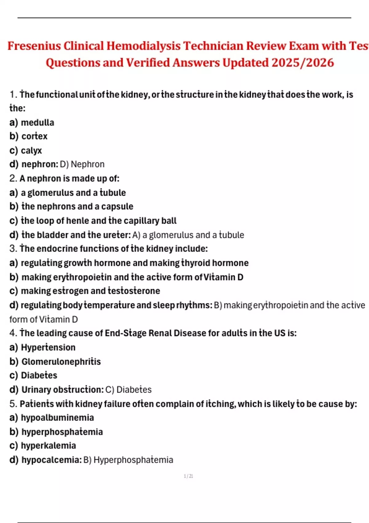 CCHT Fresenius Clinical Hemodialysis Technician Review Exam with Test ...