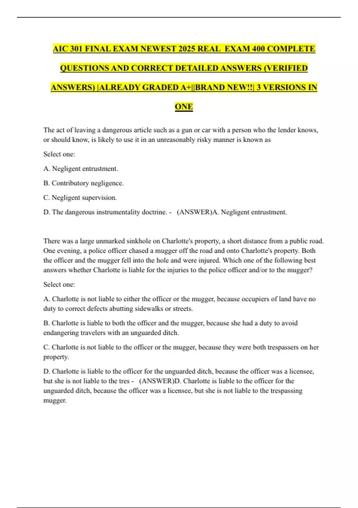 AIC 301 FINAL EXAM NEWEST 2025 REAL EXAM 400 COMPLETE QUESTIONS AND ...