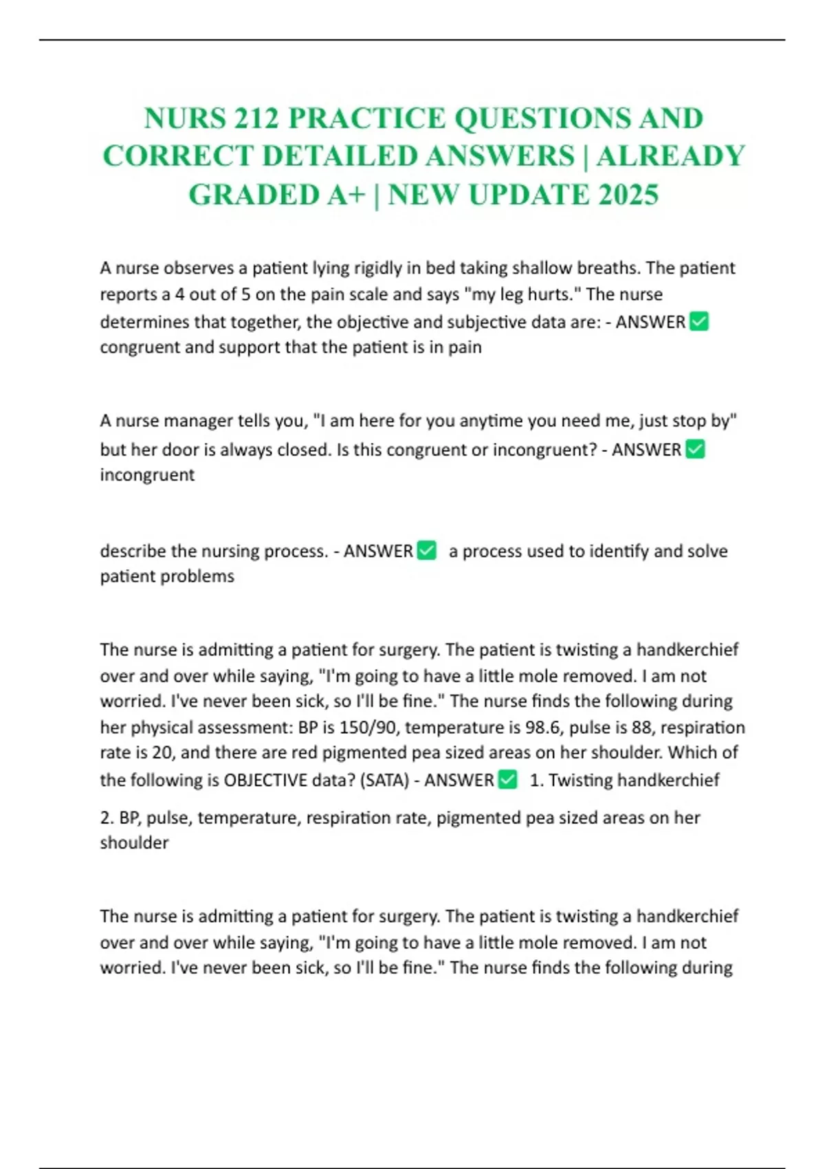 NURS 212 PRACTICE QUESTIONS AND CORRECT DETAILED ANSWERS | ALREADY ...