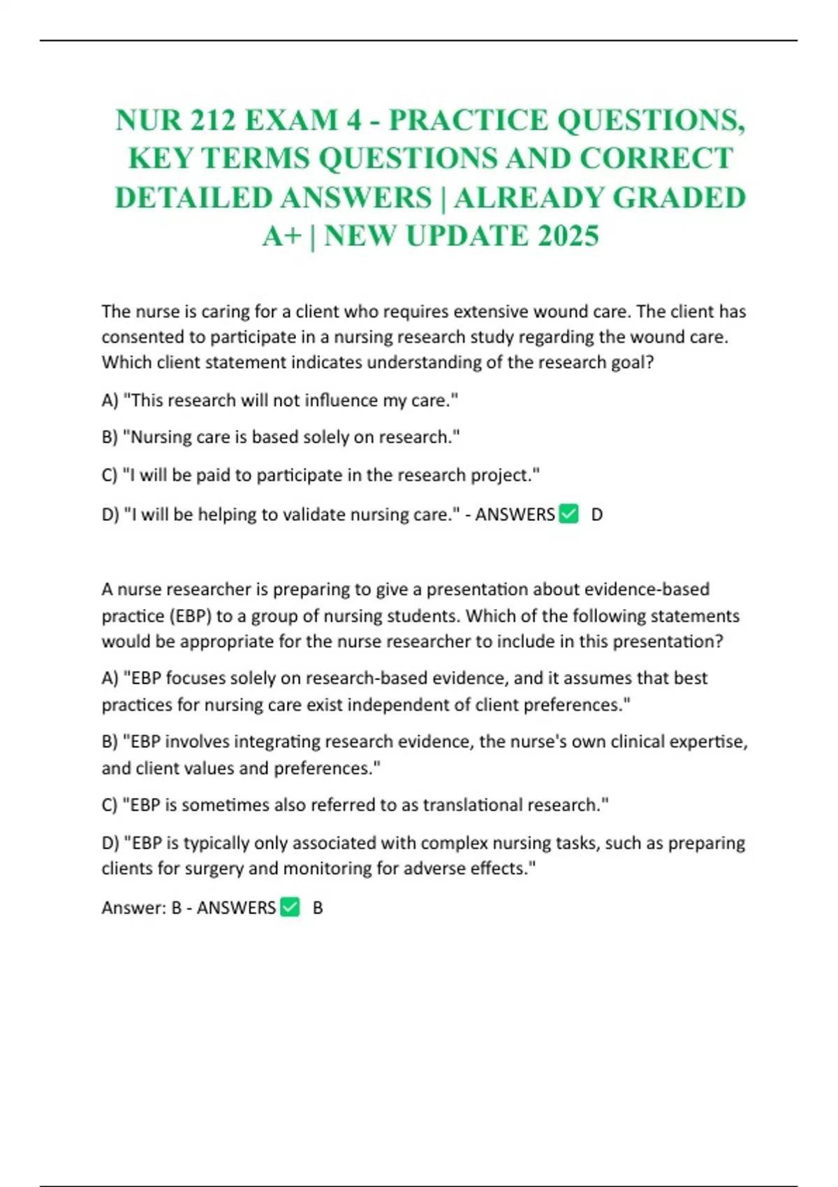 NUR 212 EXAM 4 - PRACTICE QUESTIONS, KEY TERMS QUESTIONS AND CORRECT ...