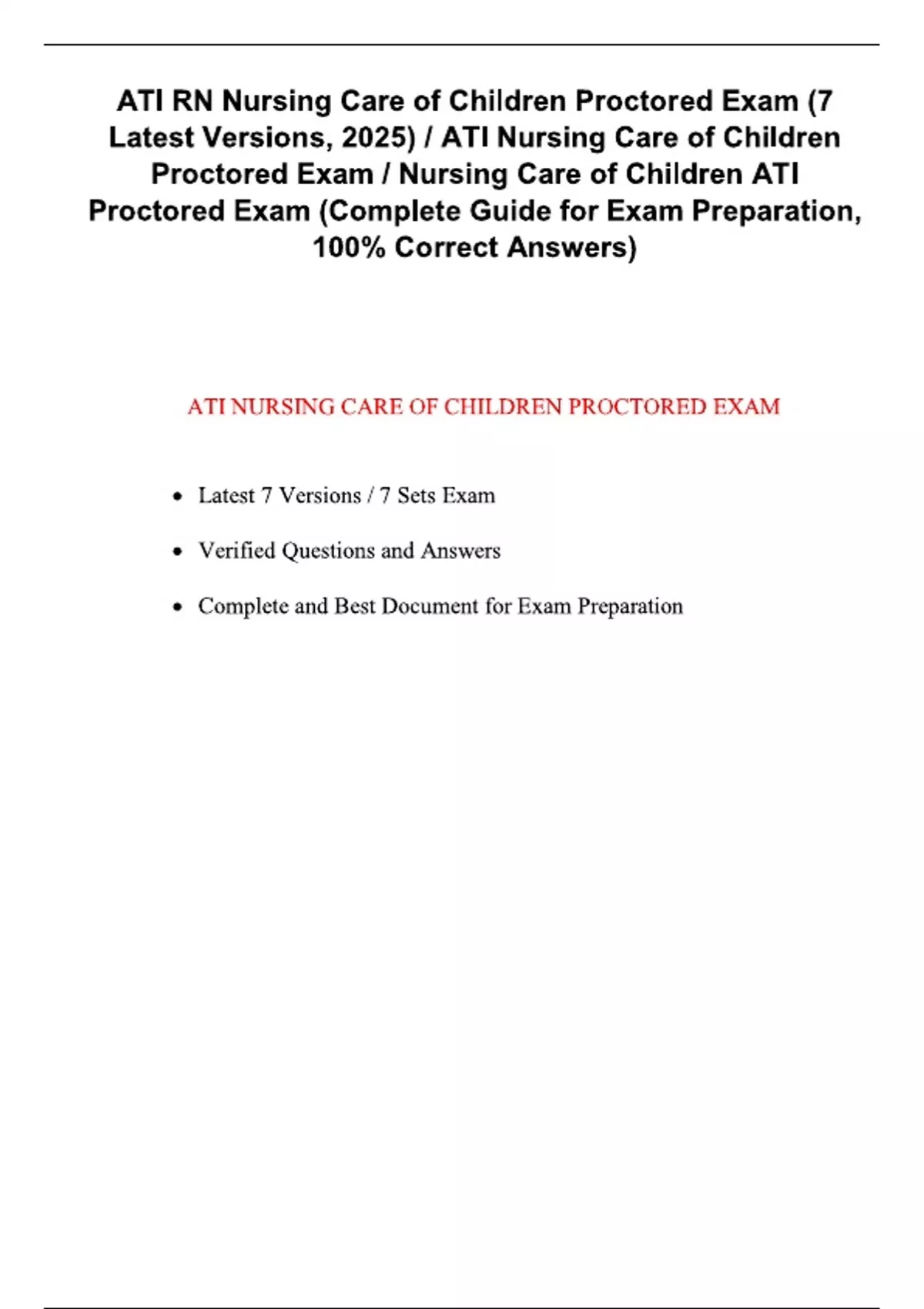 ATI RN Nursing Care of Children Proctored Exam (7 Latest Versions, 2025 ...