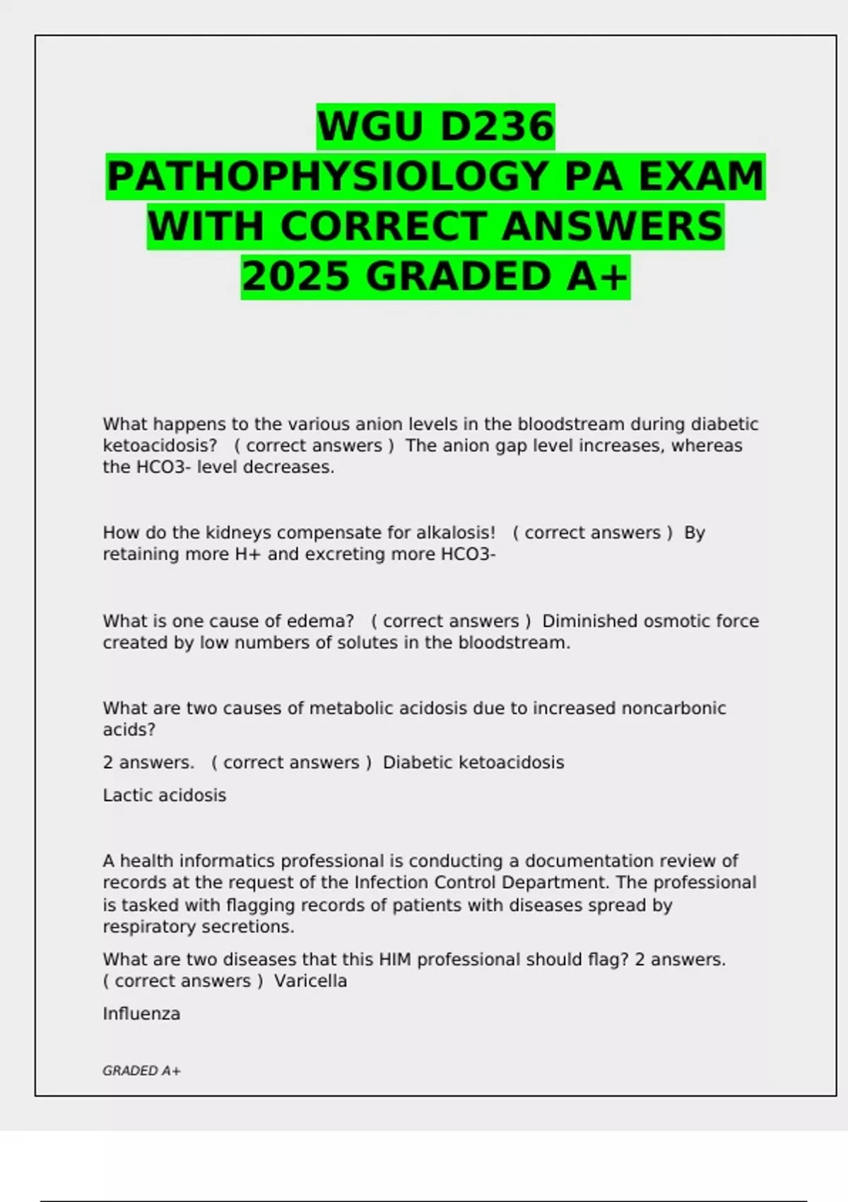 WGU D236 PATHOPHYSIOLOGY PA EXAM WITH CORRECT ANSWERS 2025 GRADED A+ ...