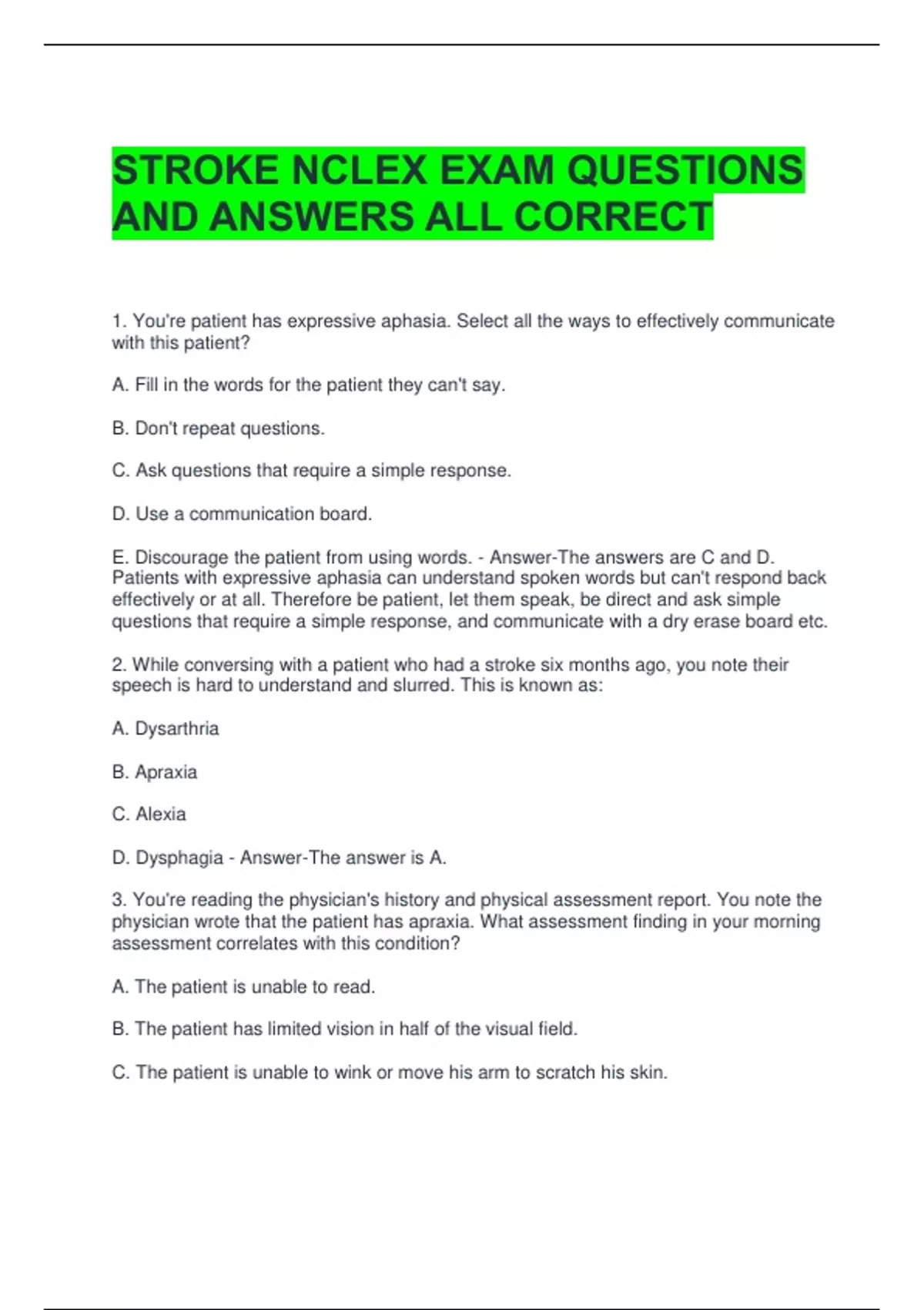 STROKE NCLEX EXAM QUESTIONS AND ANSWERS ALL CORRECT - STROKE NCLEX ...