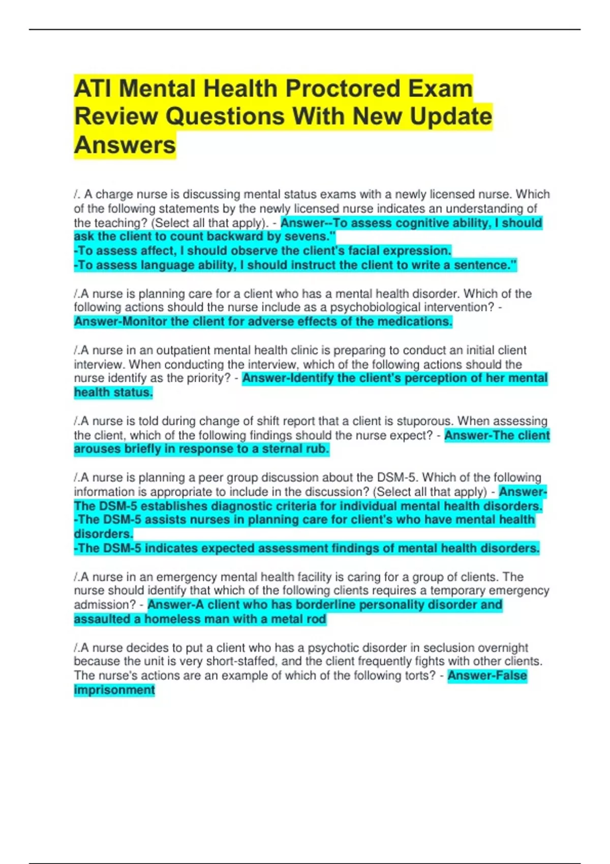 ATI Mental Health Proctored Exam Review Questions With New Update ...