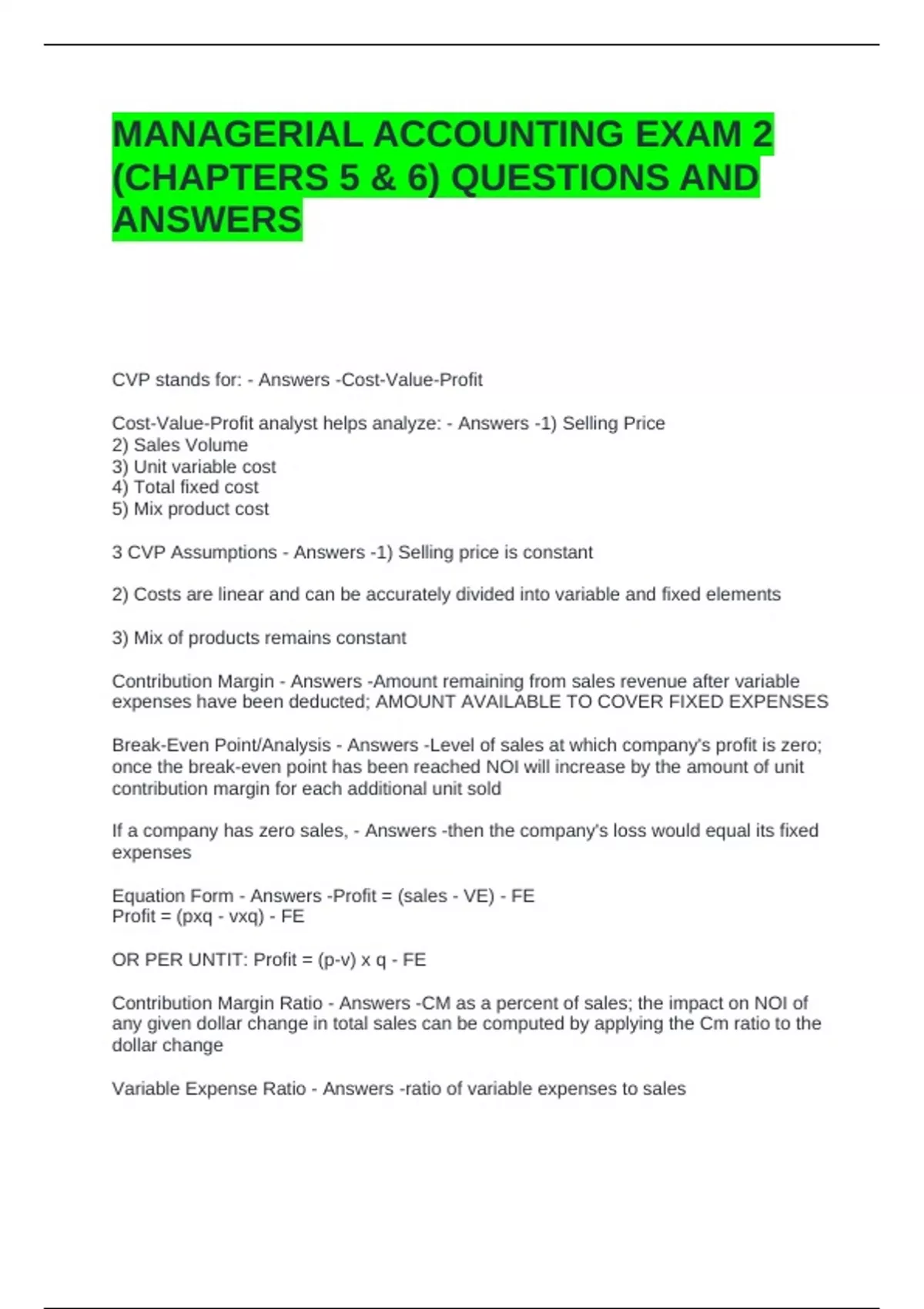 MANAGERIAL ACCOUNTING EXAM 2 (CHAPTERS 5 & 6) QUESTIONS AND ANSWERS ...