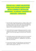 TEXAS ALL LINES ADJUSTER PRACTICE EXAM QUESTIONS  WITH CORRECT DETAILED  ANSWERS &vert; ALREADY GRADED A&plus;  <RECENT VERSION>