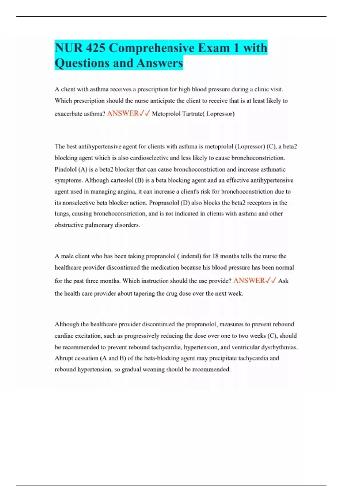 NUR 425 Comprehensive Exam 1 with Questions and Answers - NUR 425 ...