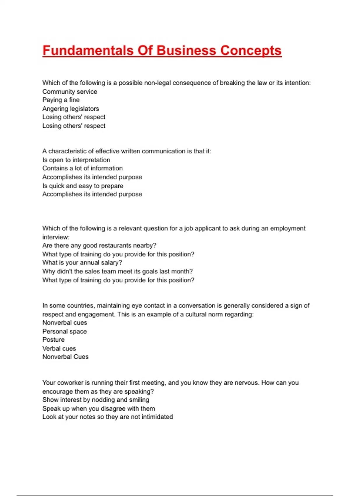 Fundamentals Of Business Concepts Test Bank Exam 2025/2026 Questions ...