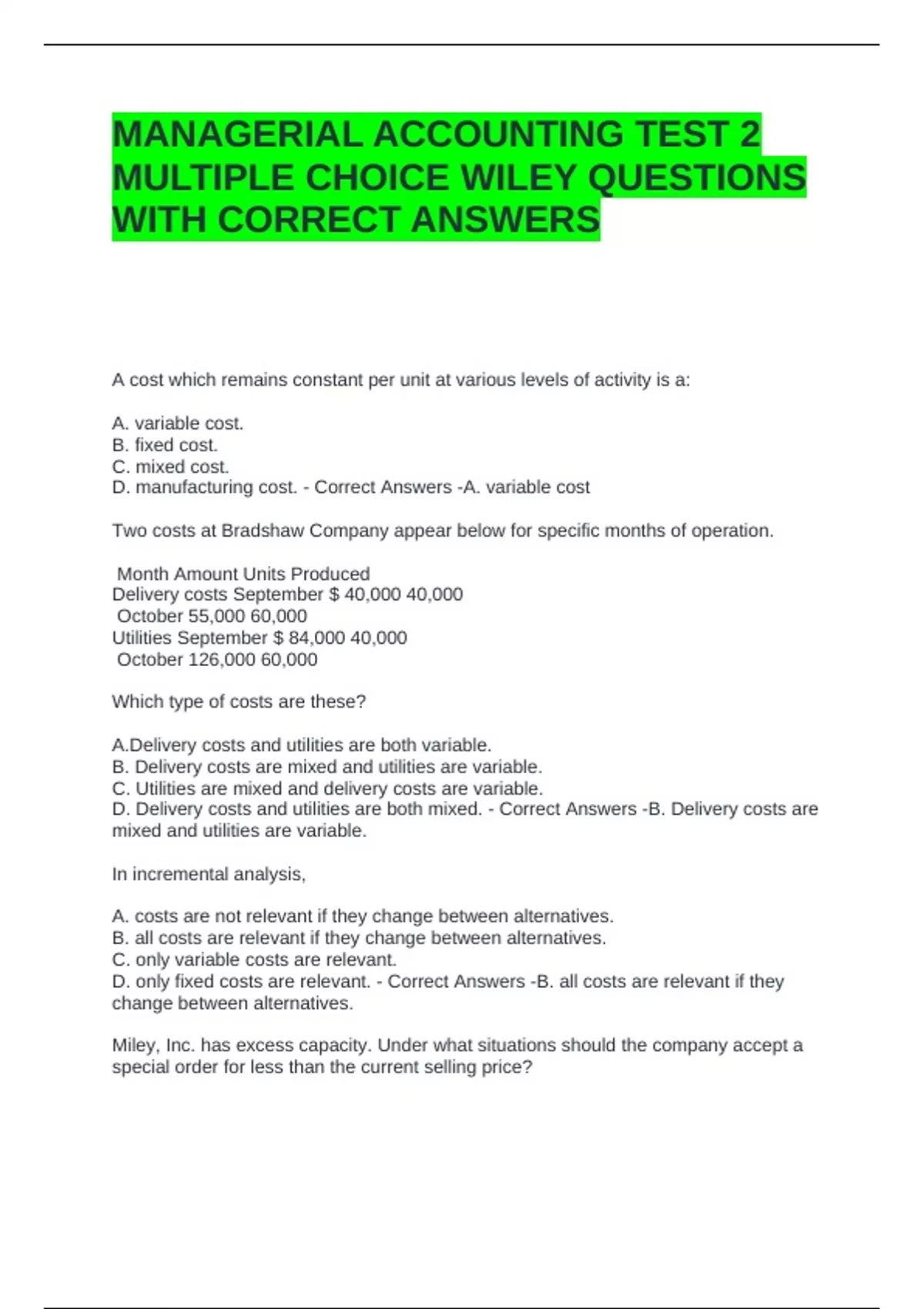 MANAGERIAL ACCOUNTING TEST 2 MULTIPLE CHOICE WILEY QUESTIONS WITH ...