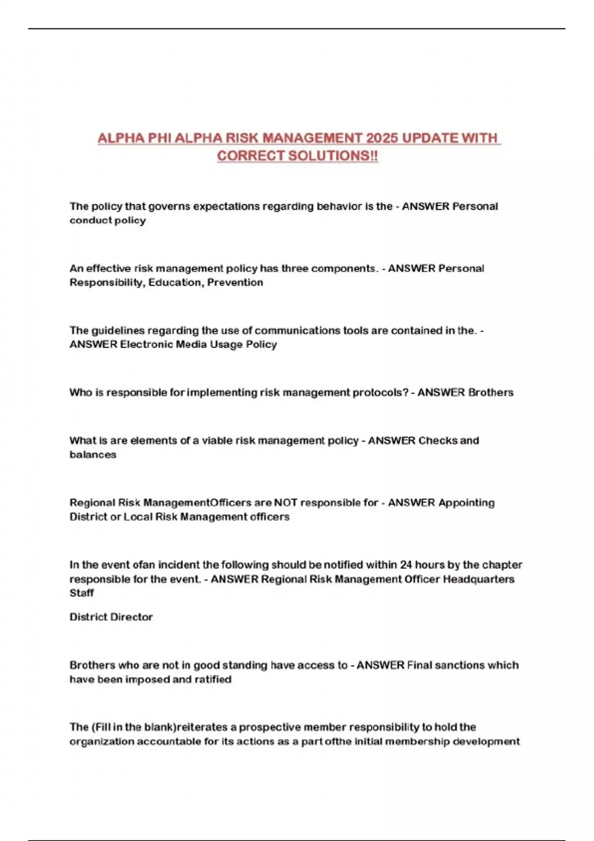 Alpha Risk Management Llc ALPHA PHI ALPHA RISK MANAGEMENT 2025 UPDATE WITH CORRECT SOLUTIONS ...