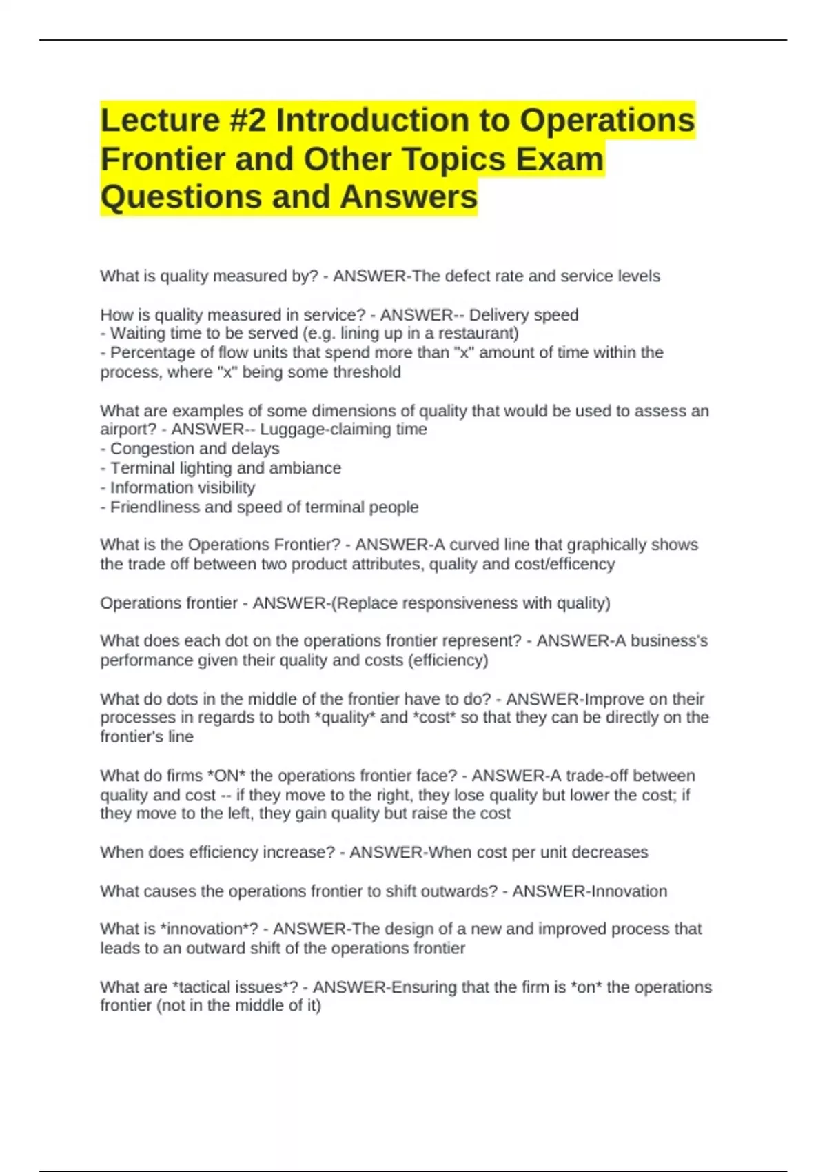 Operational Frontier Lecture #2 Introduction to Operations Frontier and Other Topics Exam ...