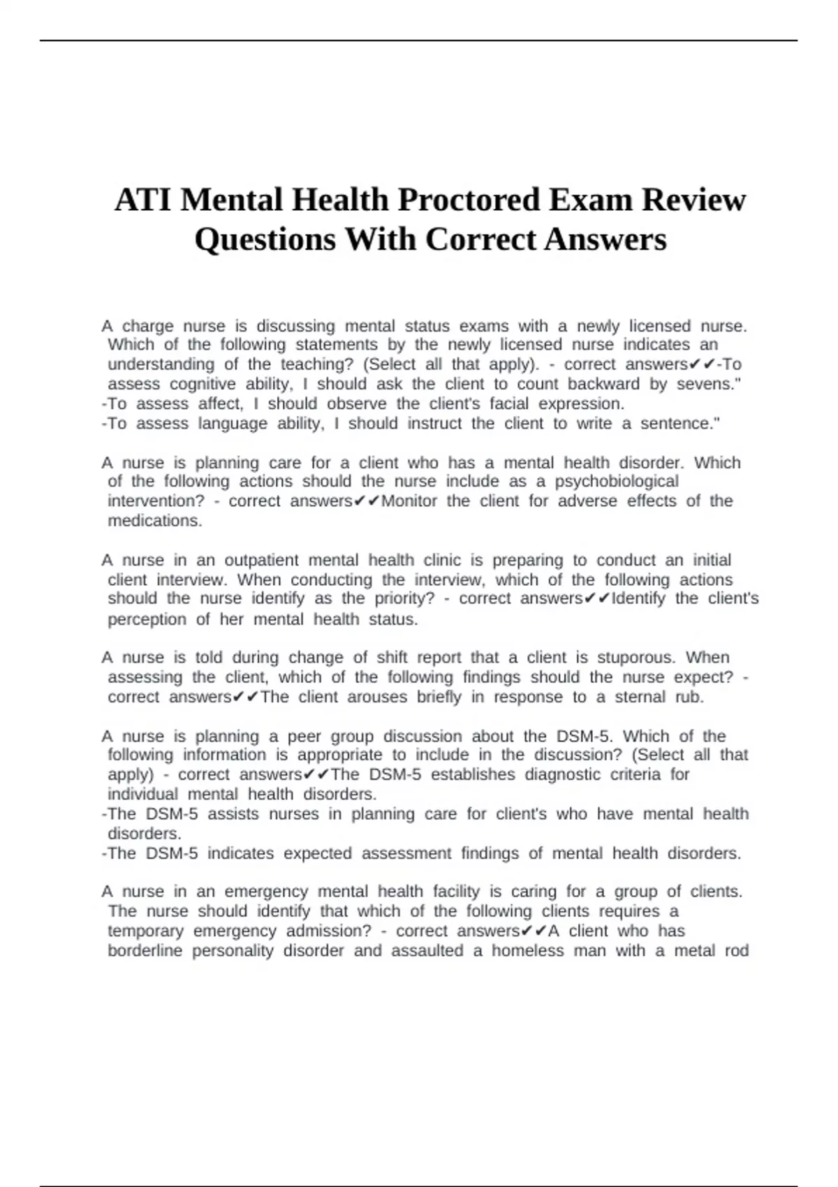ATI Mental Health Proctored Exam Review Questions With Correct Answers ...