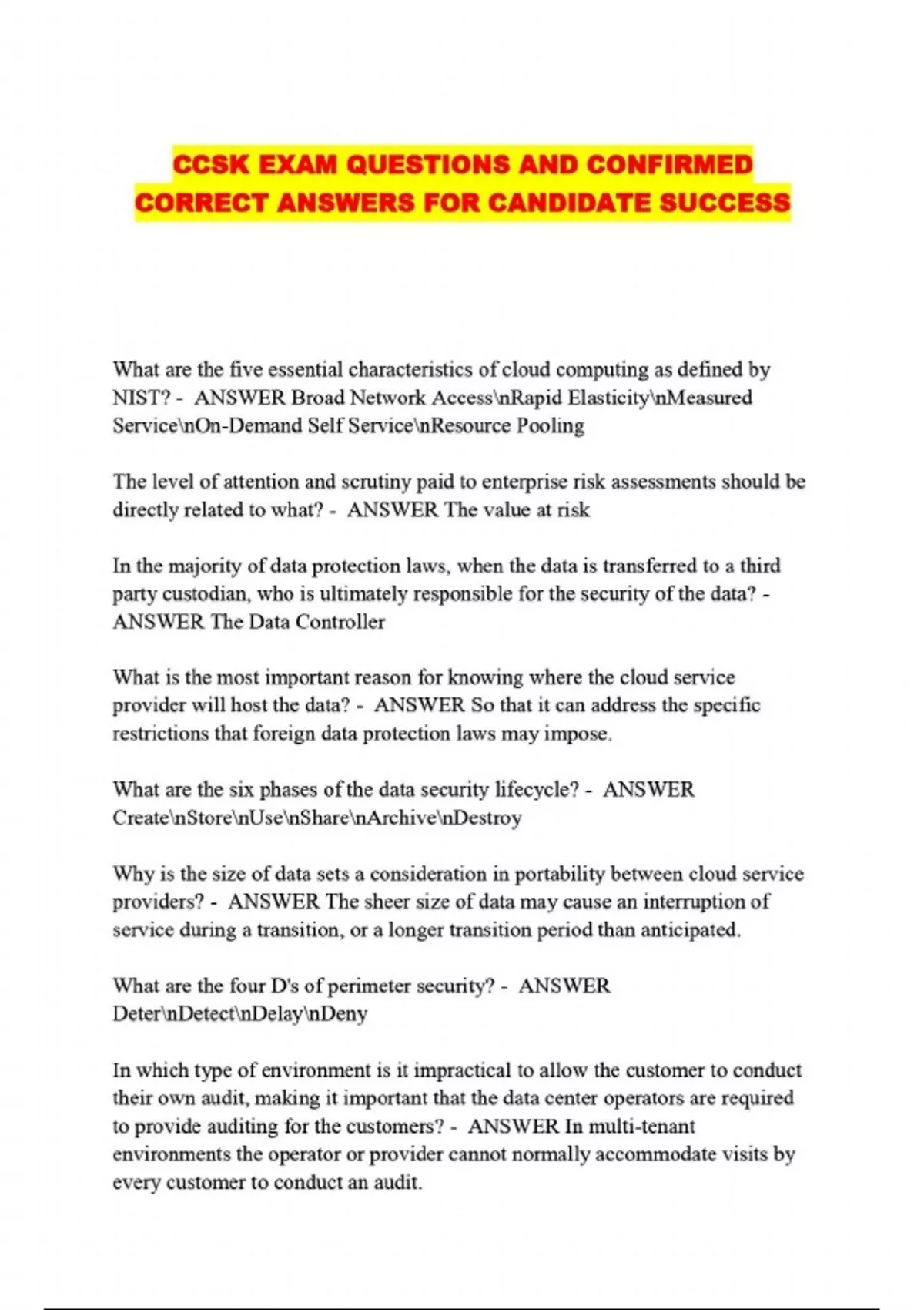 CCSK EXAM QUESTIONS AND CONFIRMED CORRECT ANSWERS FOR CANDIDATE SUCCESS - CCSK - Stuvia US