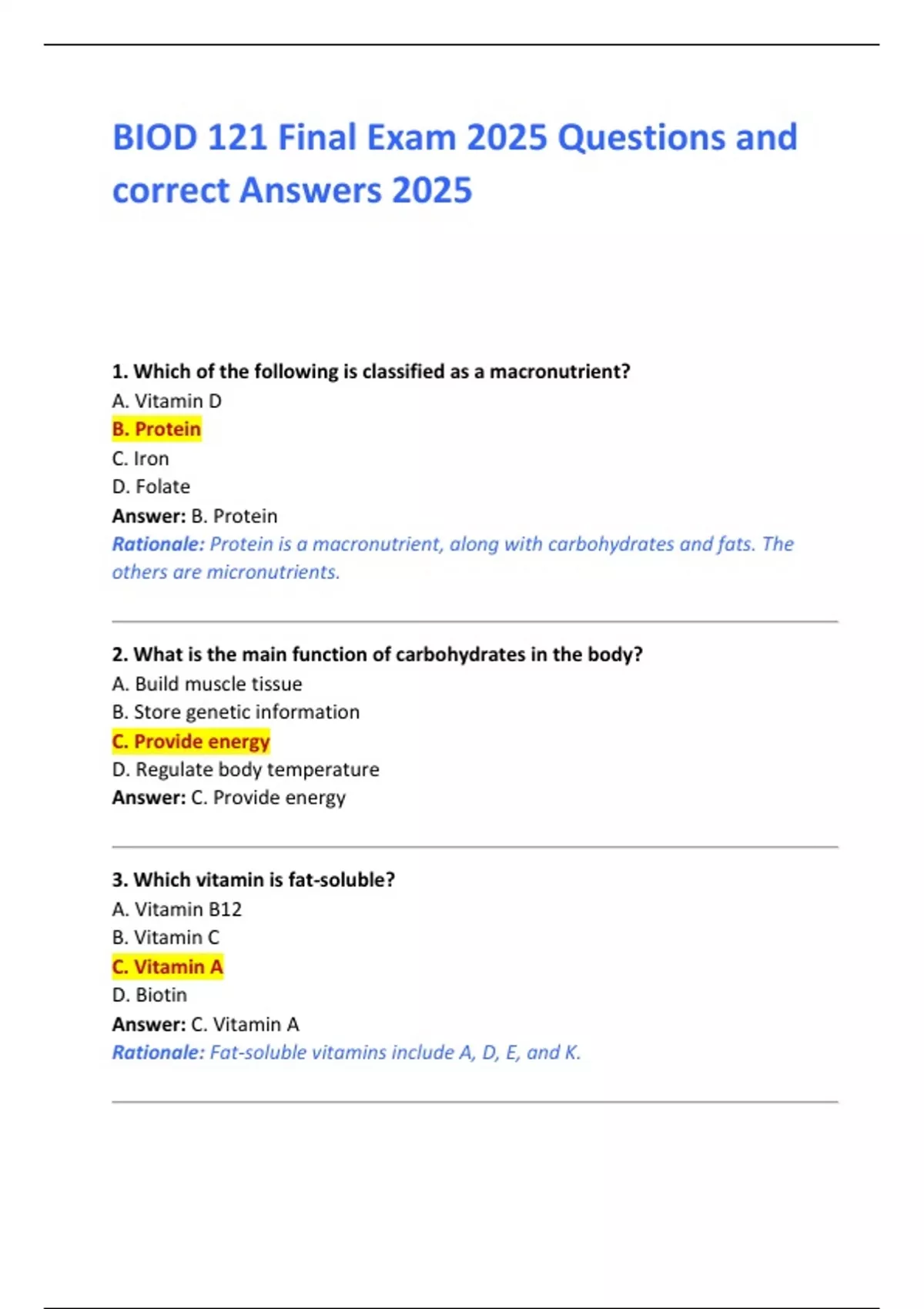 BIOD 121 Final Exam 2025 Questions and correct Answers 2025 - BIOD 121 ...