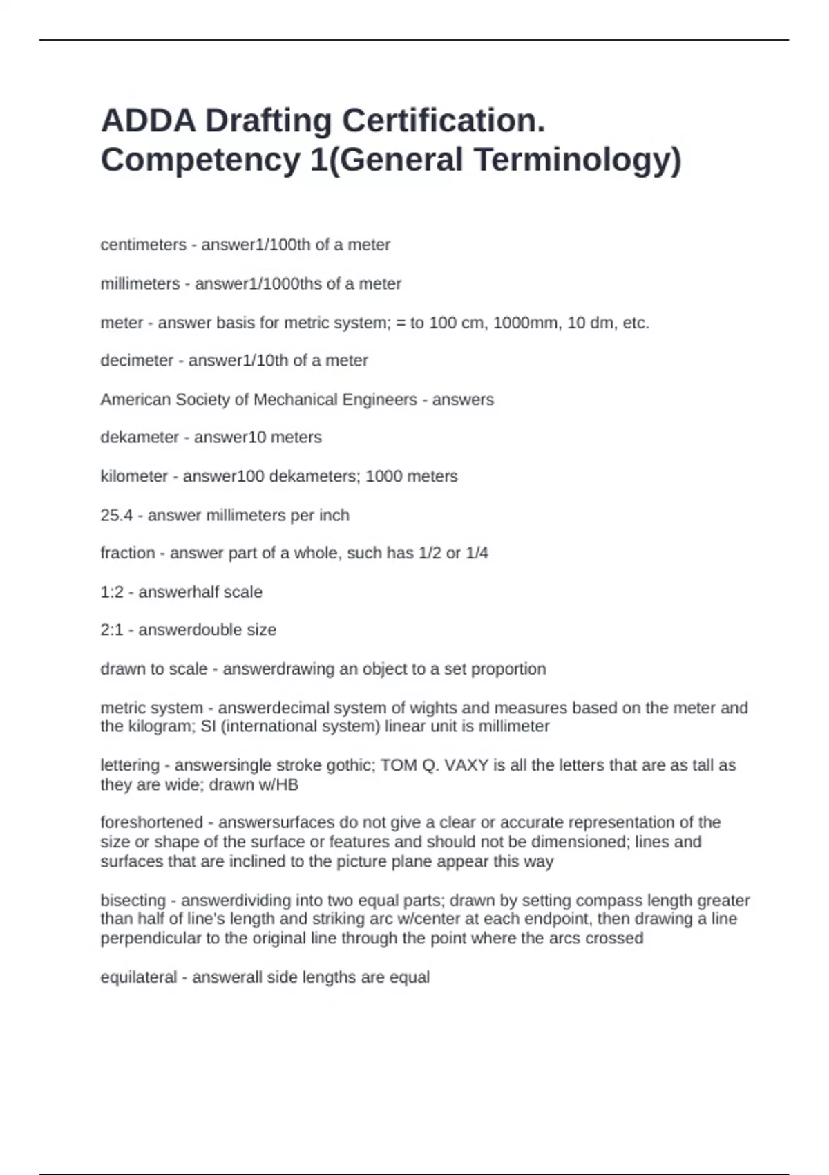 ADDA Drafting Certification. Competency 1(General Terminology ...